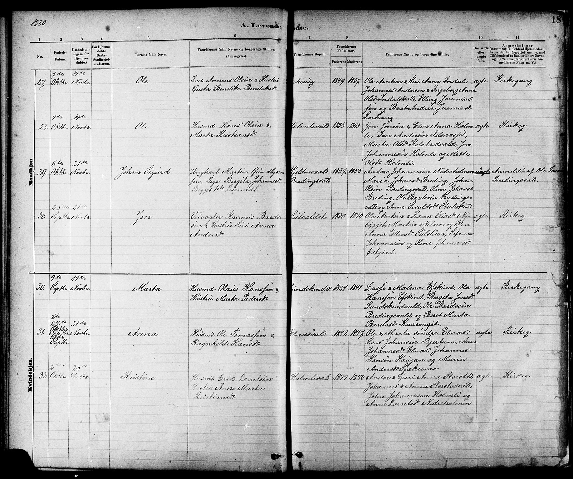 Ministerialprotokoller, klokkerbøker og fødselsregistre - Nord-Trøndelag, SAT/A-1458/724/L0267: Parish register (copy) no. 724C03, 1879-1898, p. 18