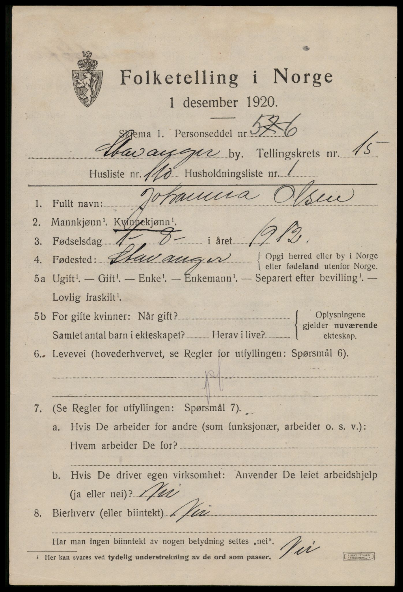 SAST, 1920 census for Stavanger, 1920, p. 63172