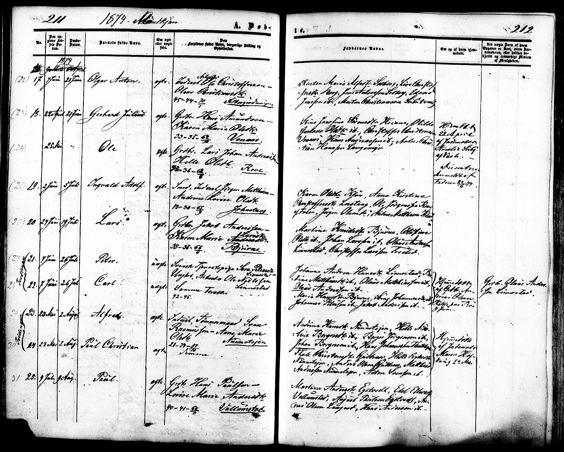 Ramnes kirkebøker, AV/SAKO-A-314/F/Fa/L0006: Parish register (official) no. I 6, 1862-1877, p. 211-212