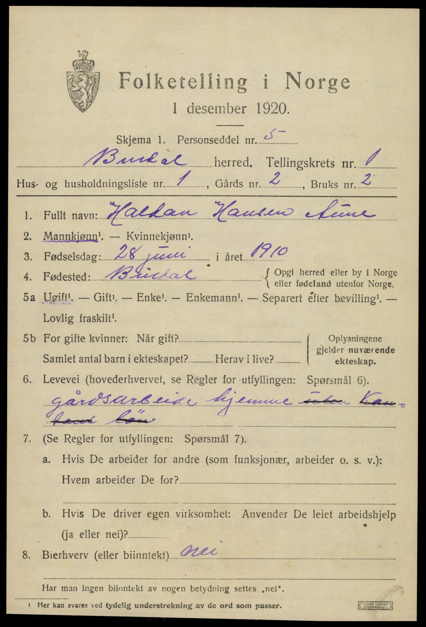 SAT, 1920 census for Bindal, 1920, p. 883