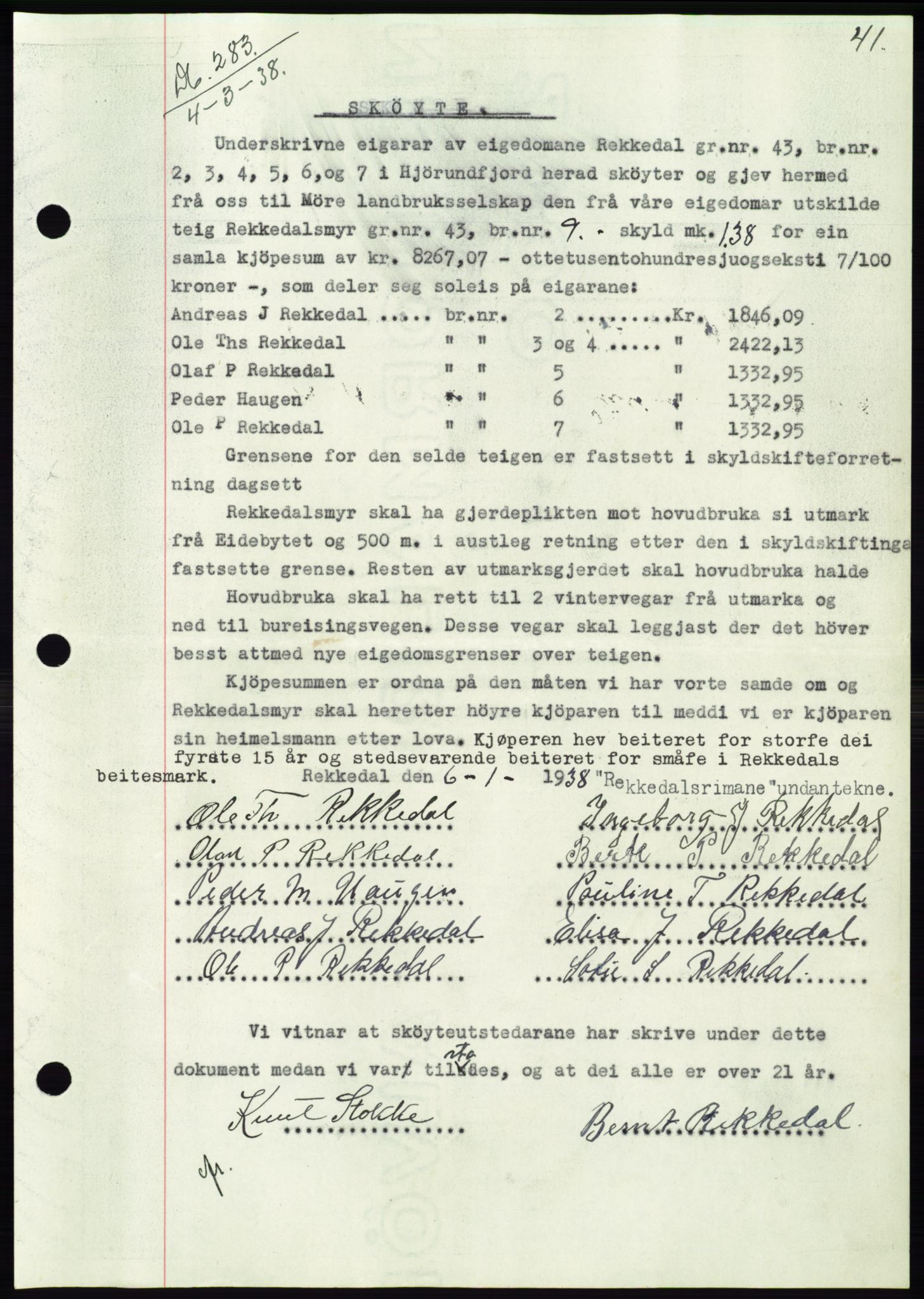 Søre Sunnmøre sorenskriveri, AV/SAT-A-4122/1/2/2C/L0065: Mortgage book no. 59, 1938-1938, Diary no: : 283/1938