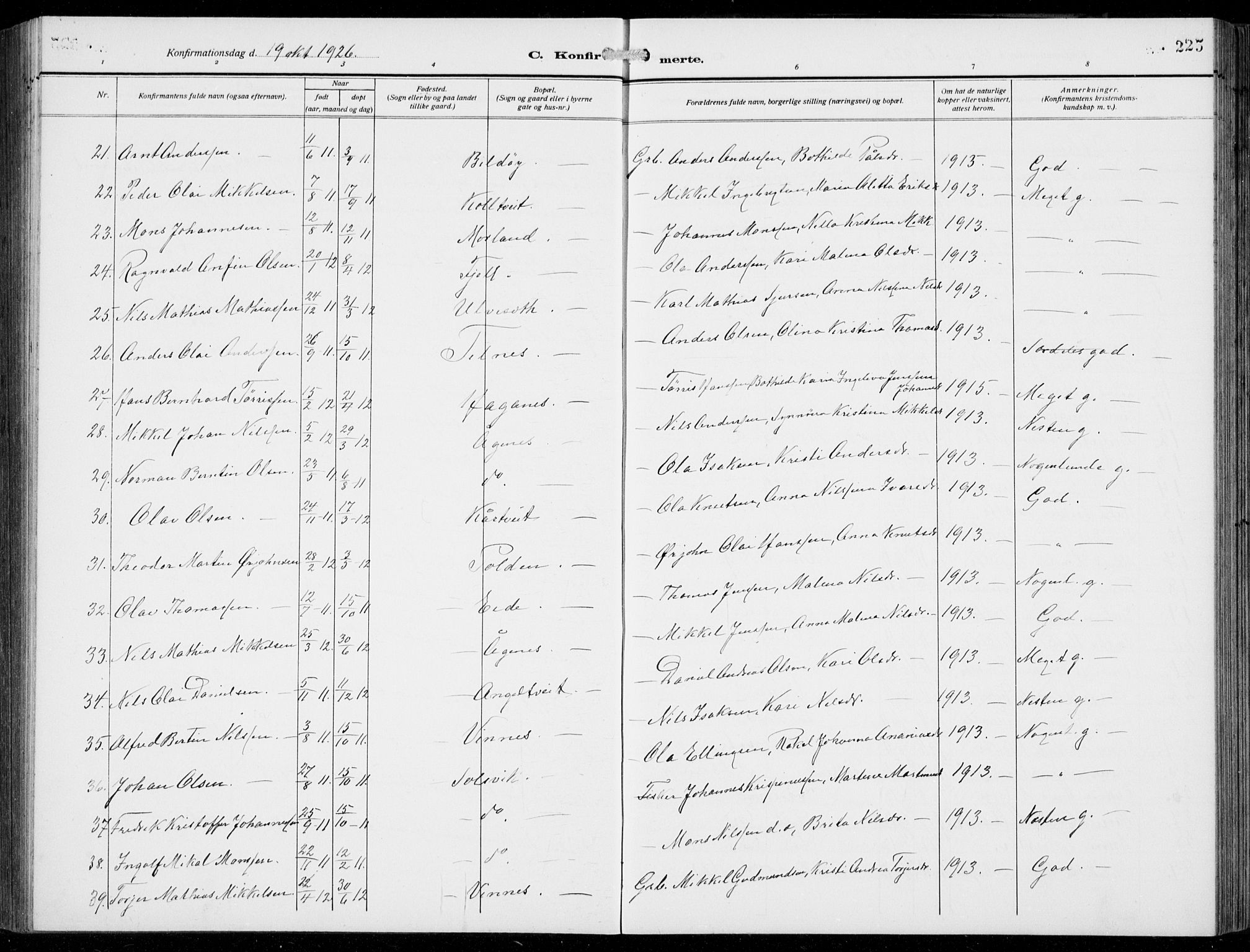 Fjell sokneprestembete, SAB/A-75301/H/Hab: Parish register (copy) no. A  6, 1918-1936, p. 225