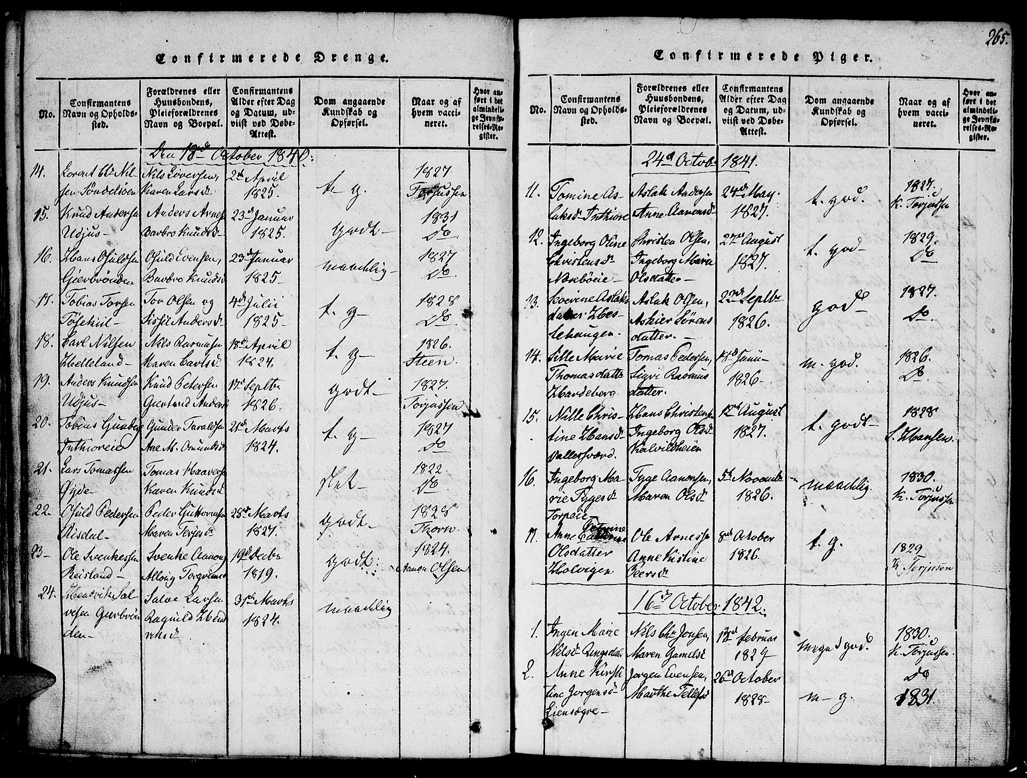 Hommedal sokneprestkontor, SAK/1111-0023/F/Fa/Fab/L0003: Parish register (official) no. A 3, 1815-1848, p. 265