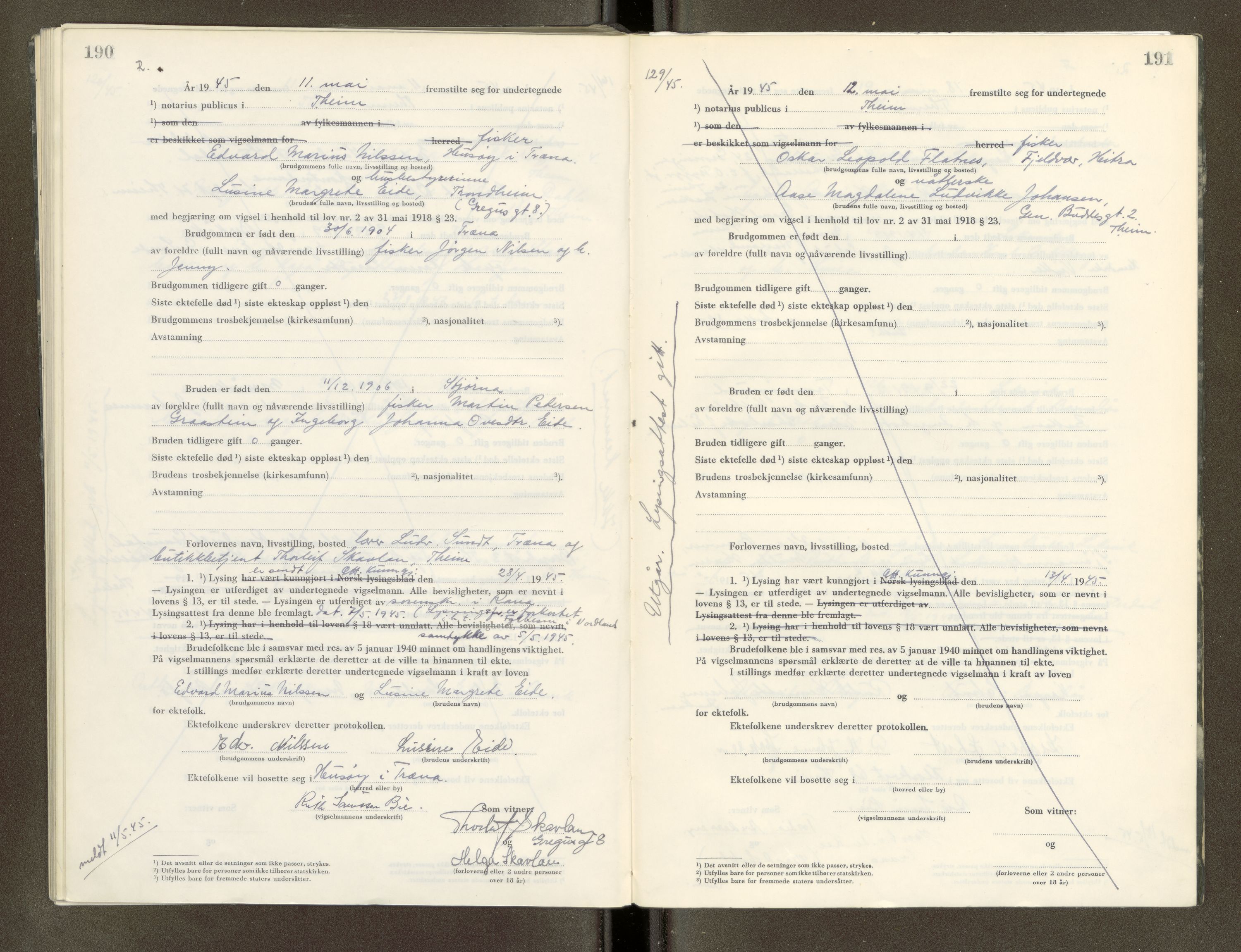 Trondheim byfogd, AV/SAT-A-0003/1/6/6D/L0005: Vigselbøker, 1944-1948, p. 190-191