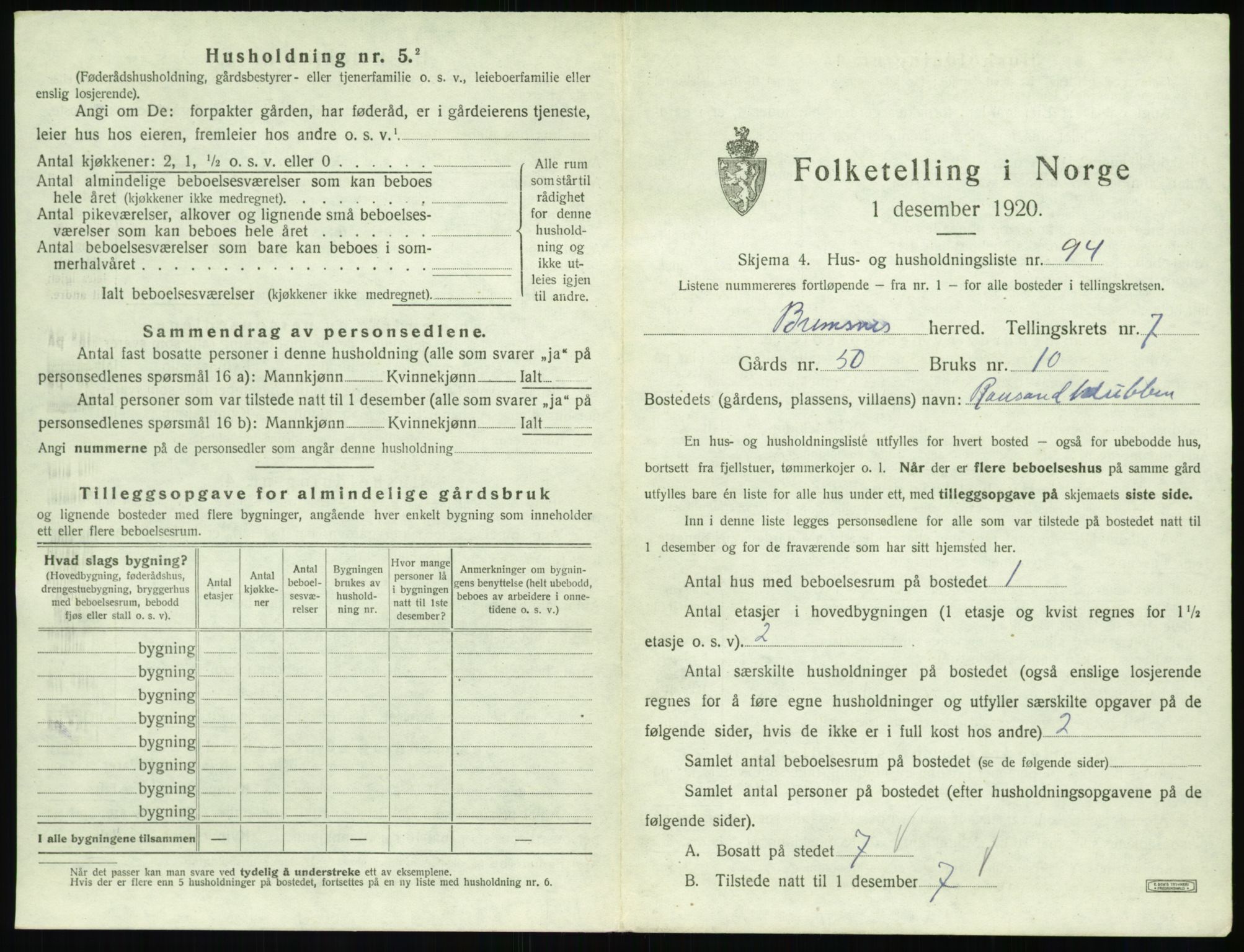 SAT, 1920 census for Bremsnes, 1920, p. 905