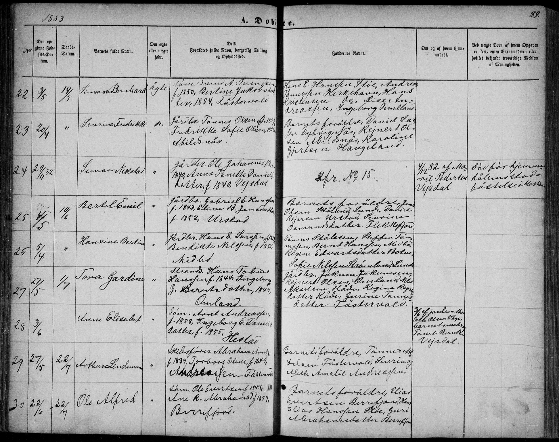 Flekkefjord sokneprestkontor, AV/SAK-1111-0012/F/Fb/Fbb/L0003: Parish register (copy) no. B 3, 1867-1889, p. 89