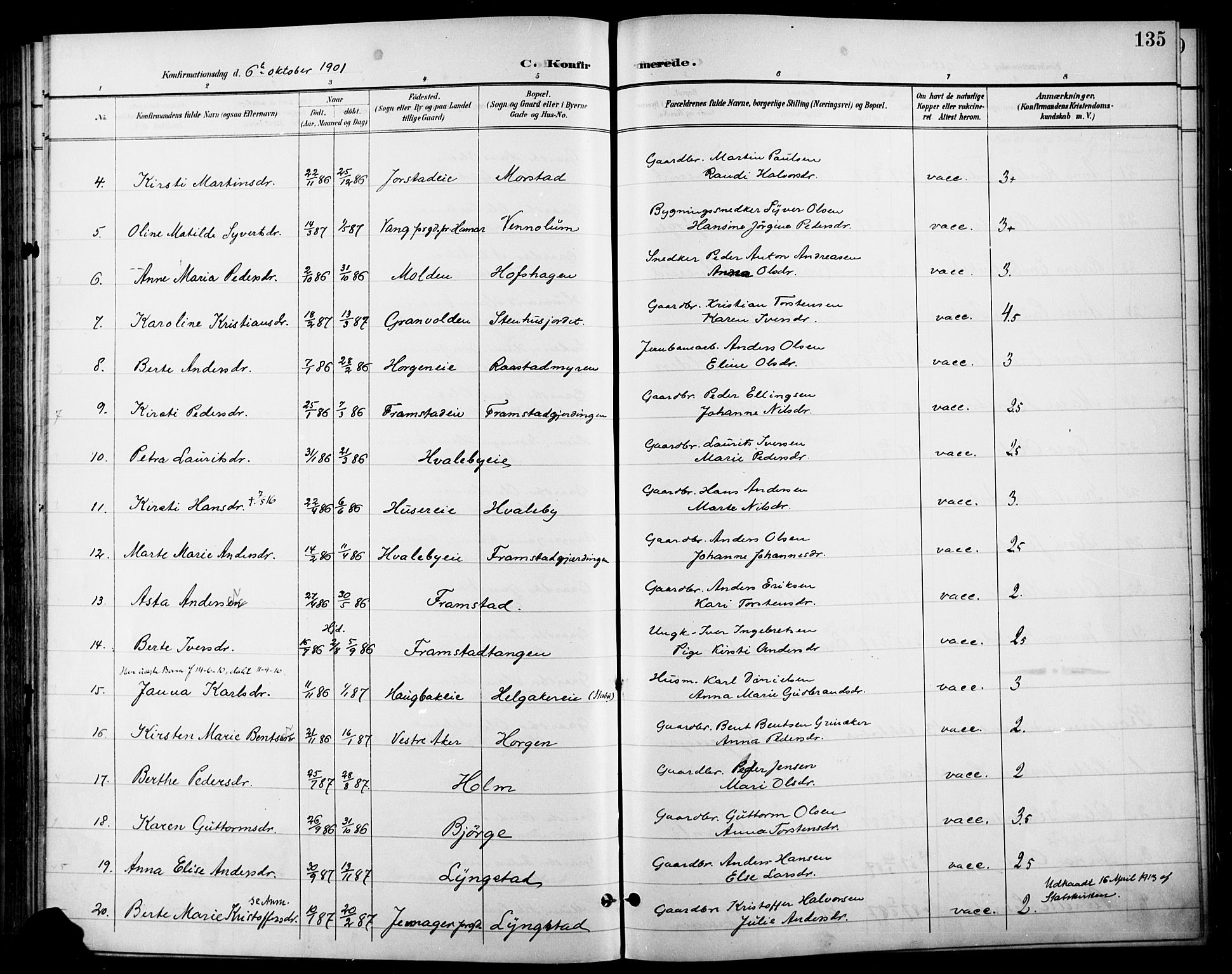 Gran prestekontor, AV/SAH-PREST-112/H/Ha/Haa/L0019: Parish register (official) no. 19, 1898-1907, p. 135