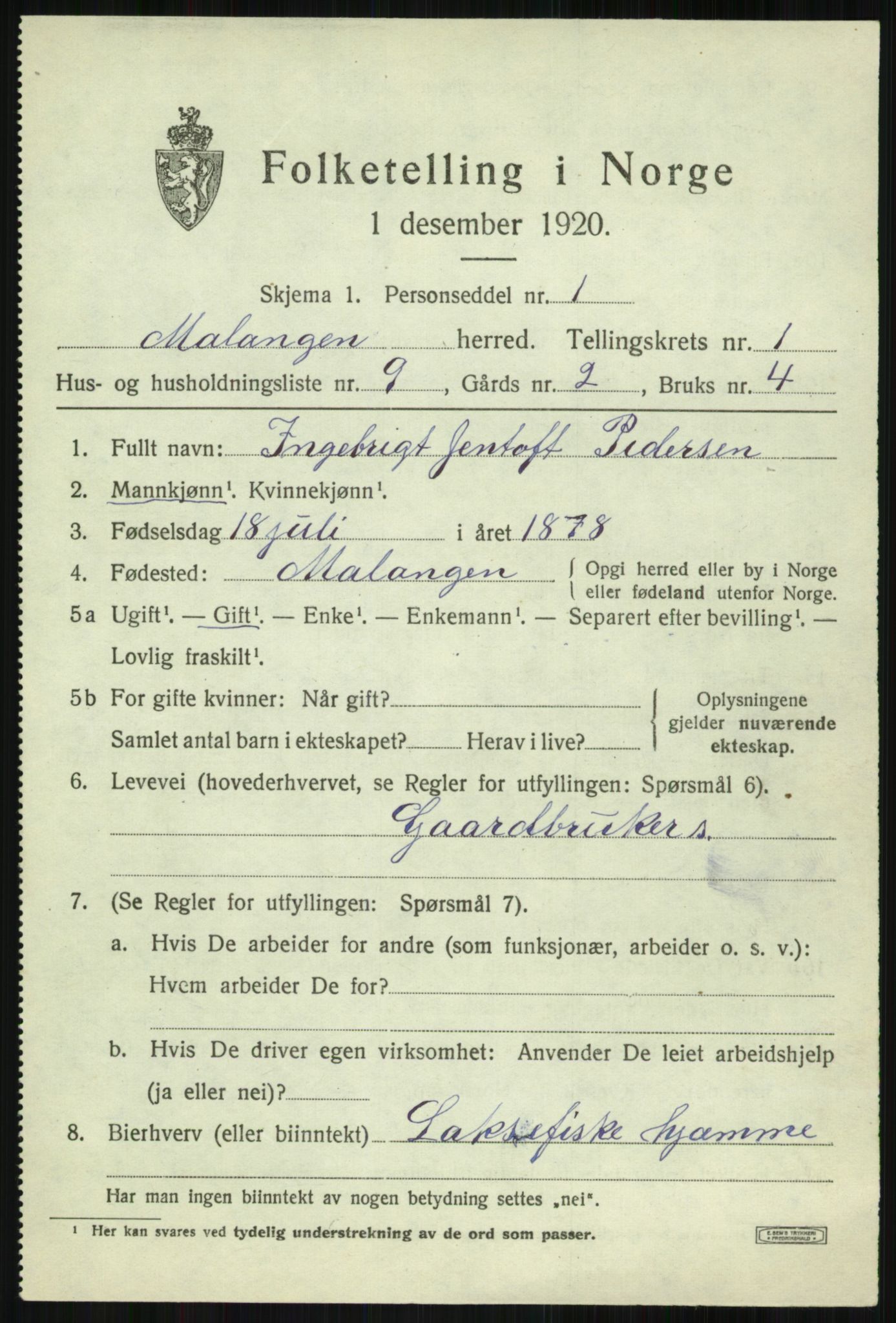 SATØ, 1920 census for Malangen, 1920, p. 800