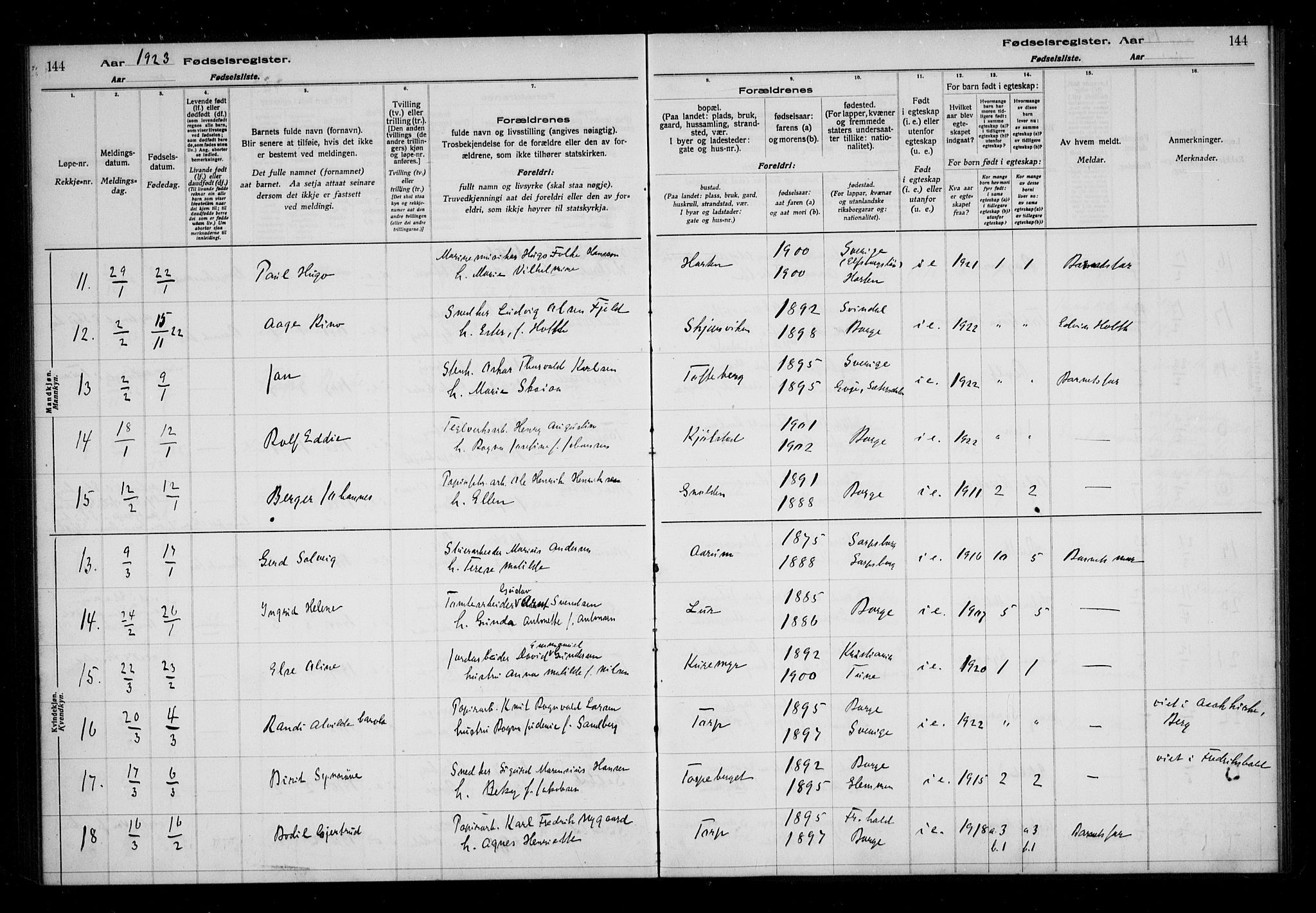 Borge prestekontor Kirkebøker, AV/SAO-A-10903/J/Ja/L0001: Birth register no. I 1, 1916-1925, p. 144