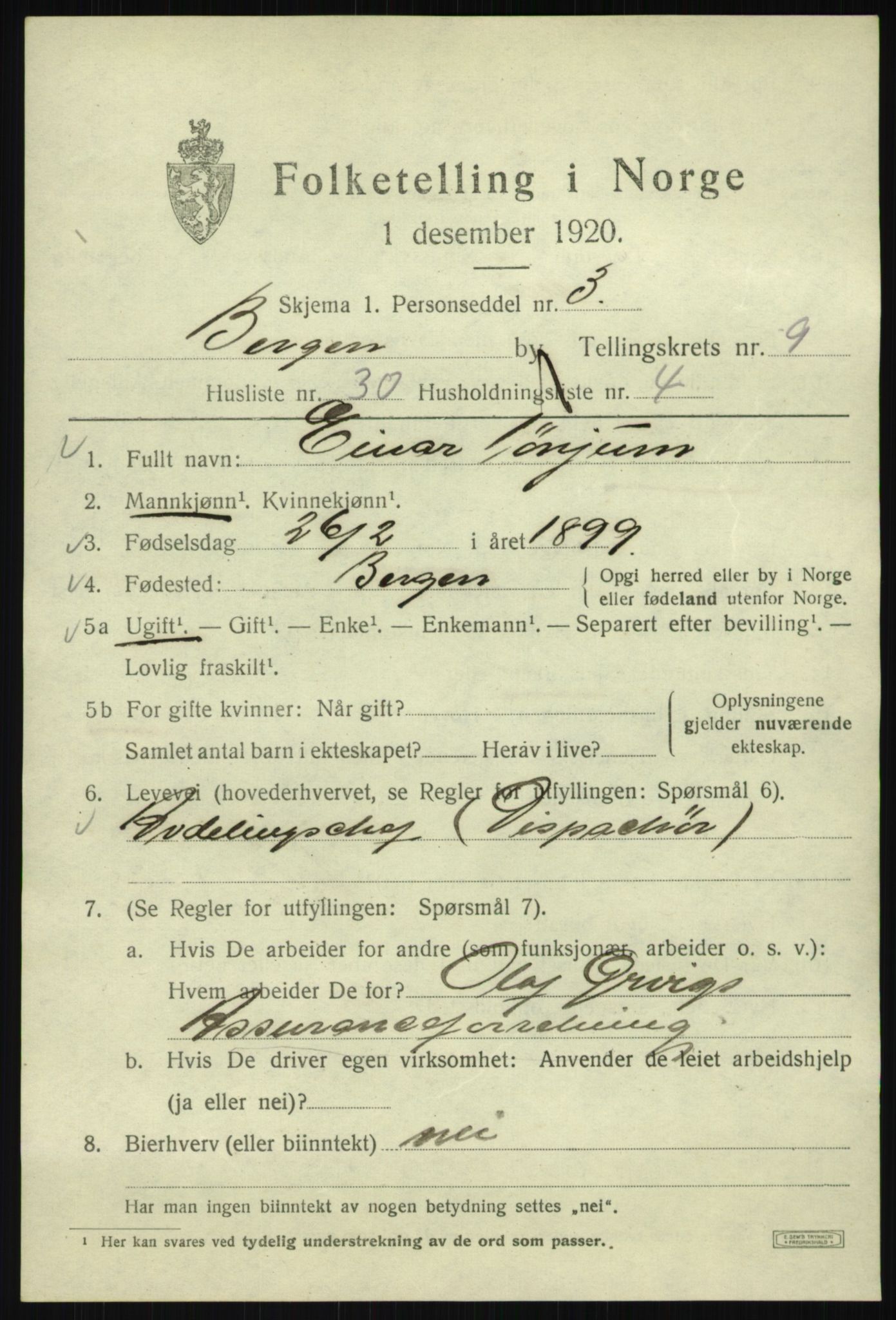 SAB, 1920 census for Bergen, 1920, p. 71309