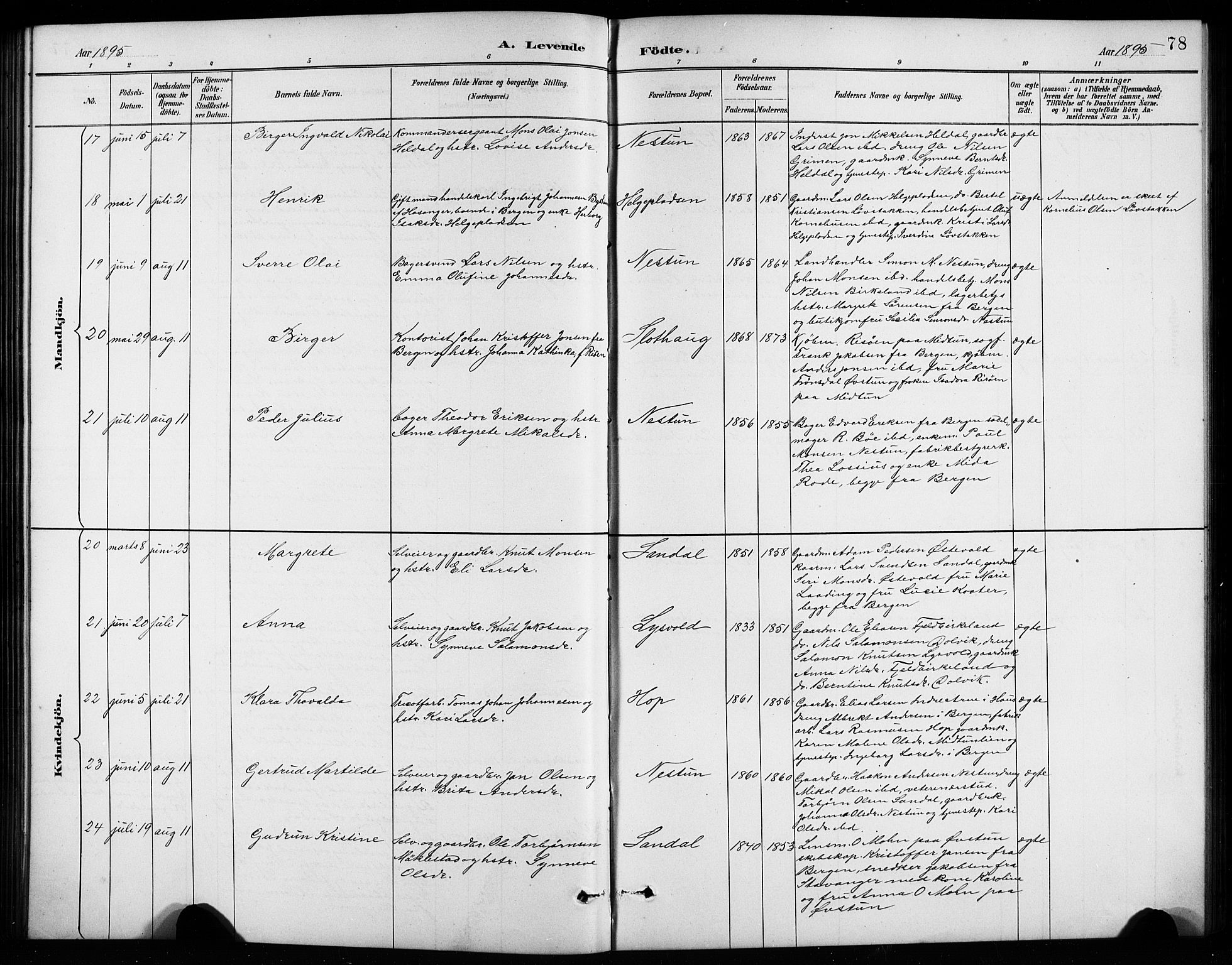 Birkeland Sokneprestembete, AV/SAB-A-74601/H/Hab: Parish register (copy) no. A 4, 1888-1897, p. 78