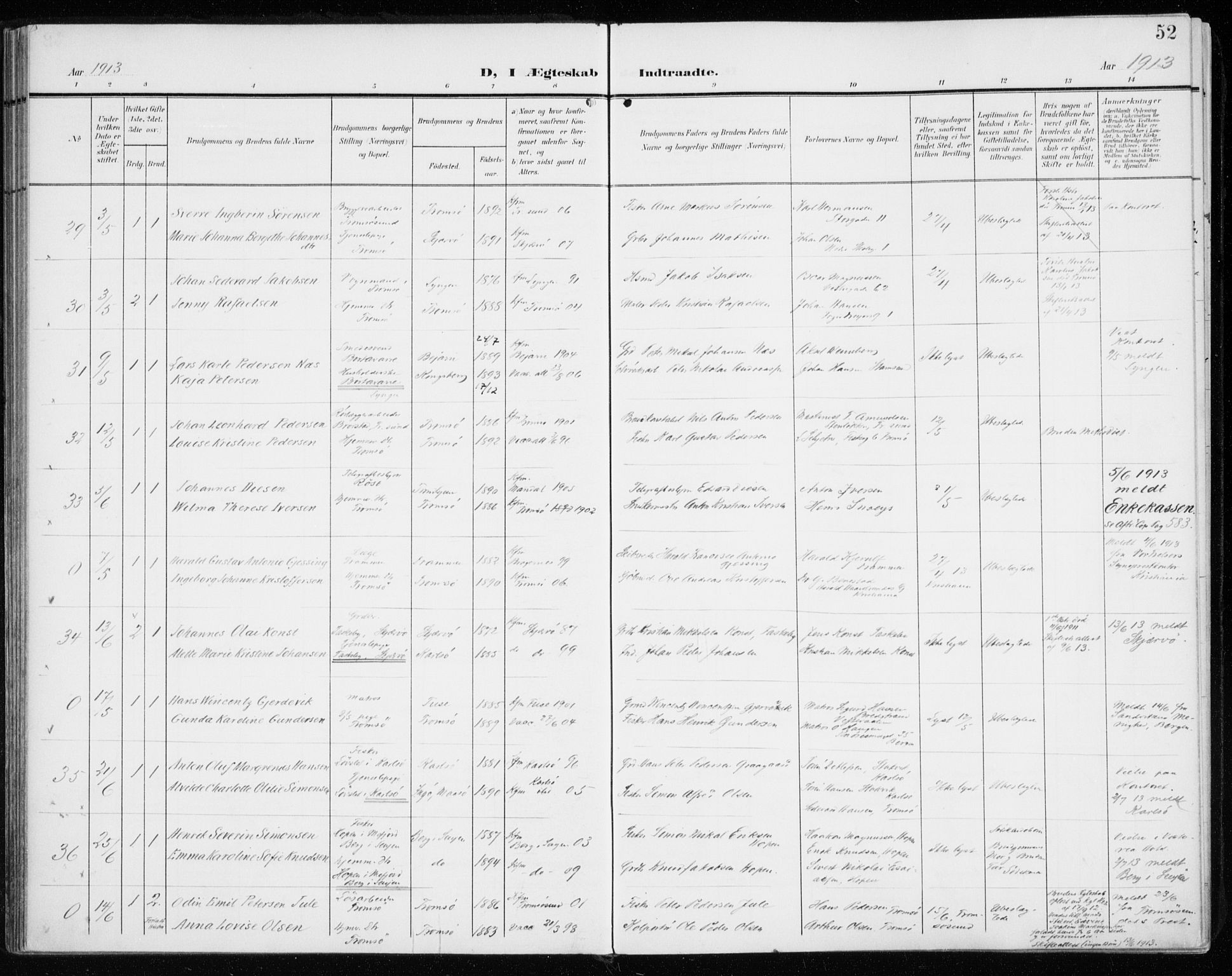 Tromsø sokneprestkontor/stiftsprosti/domprosti, AV/SATØ-S-1343/G/Ga/L0018kirke: Parish register (official) no. 18, 1907-1917, p. 52