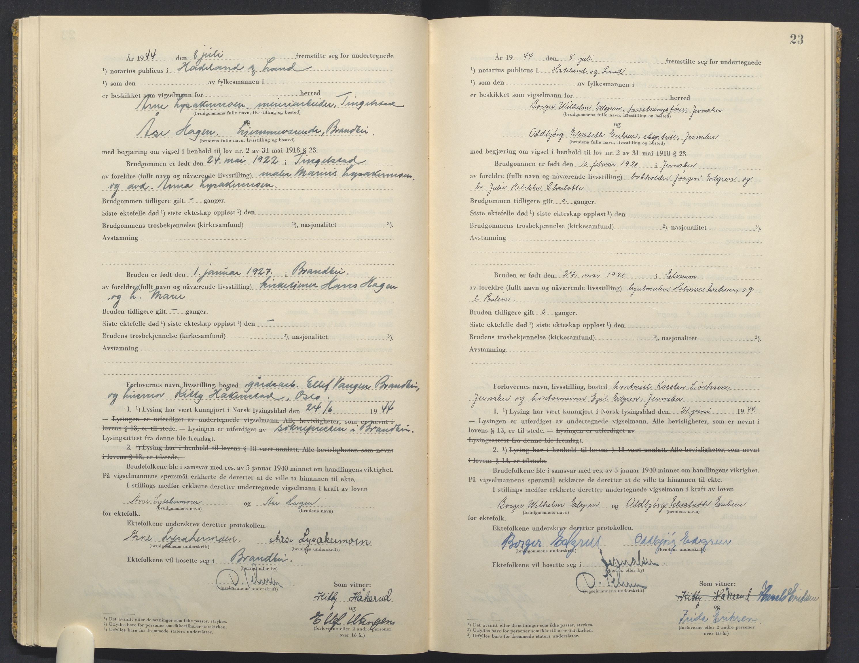 Hadeland og Land tingrett, AV/SAH-TING-010/L/Lb/L0003: Vigselbok, 1944-1946, p. 23
