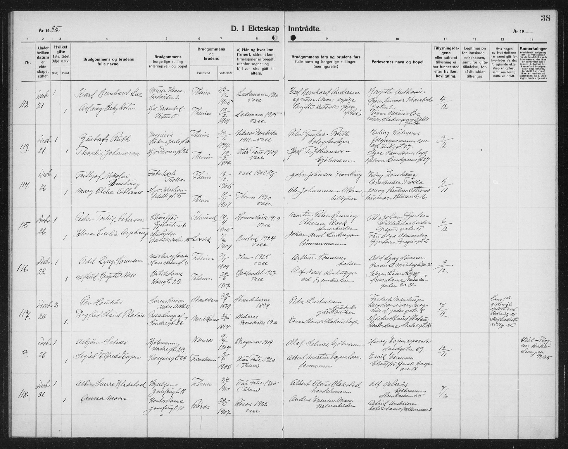 Ministerialprotokoller, klokkerbøker og fødselsregistre - Sør-Trøndelag, SAT/A-1456/602/L0152: Parish register (copy) no. 602C20, 1933-1940, p. 38