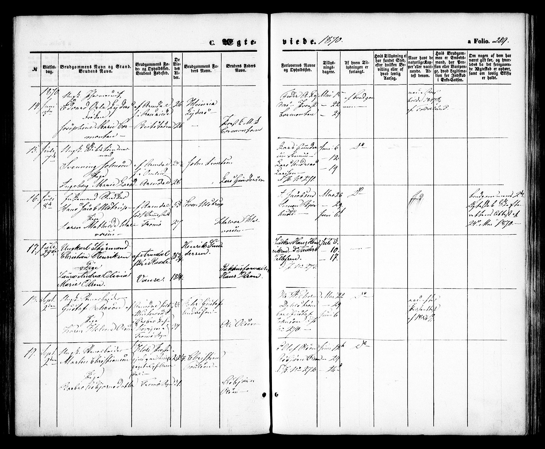 Arendal sokneprestkontor, Trefoldighet, SAK/1111-0040/F/Fa/L0007: Parish register (official) no. A 7, 1868-1878, p. 289