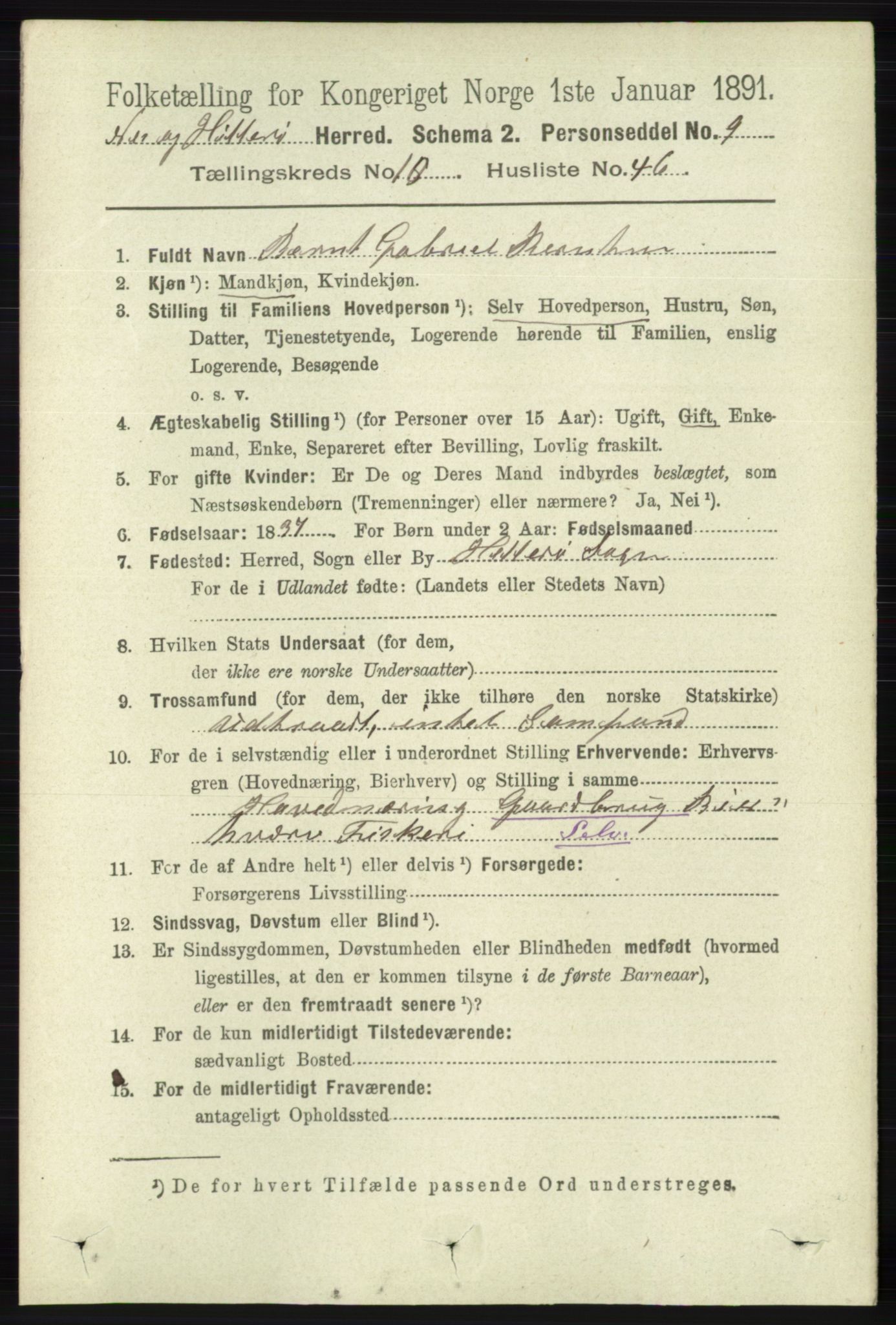 RA, 1891 census for 1043 Hidra og Nes, 1891, p. 4384