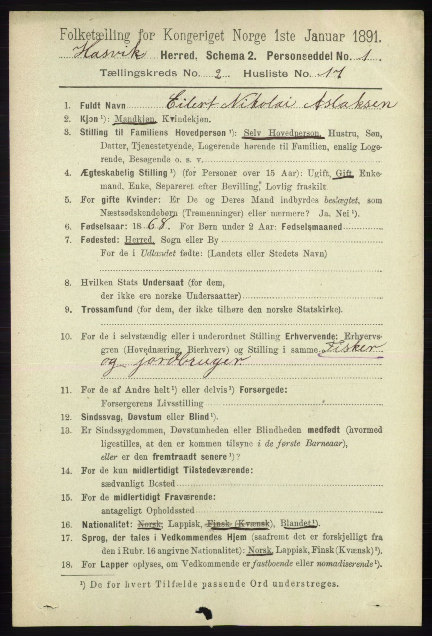 RA, 1891 census for 2015 Hasvik, 1891, p. 384