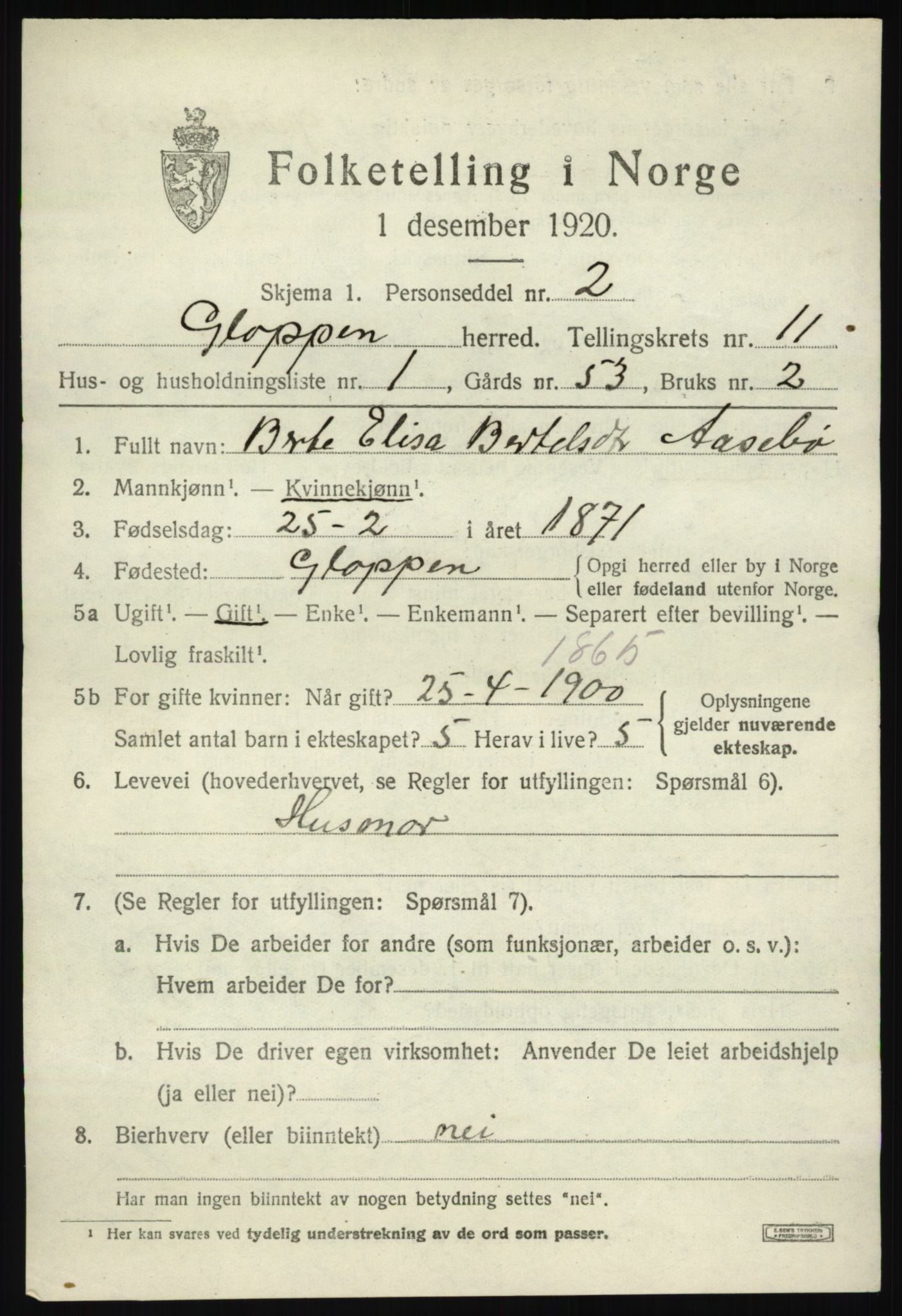 SAB, 1920 census for Gloppen, 1920, p. 5476