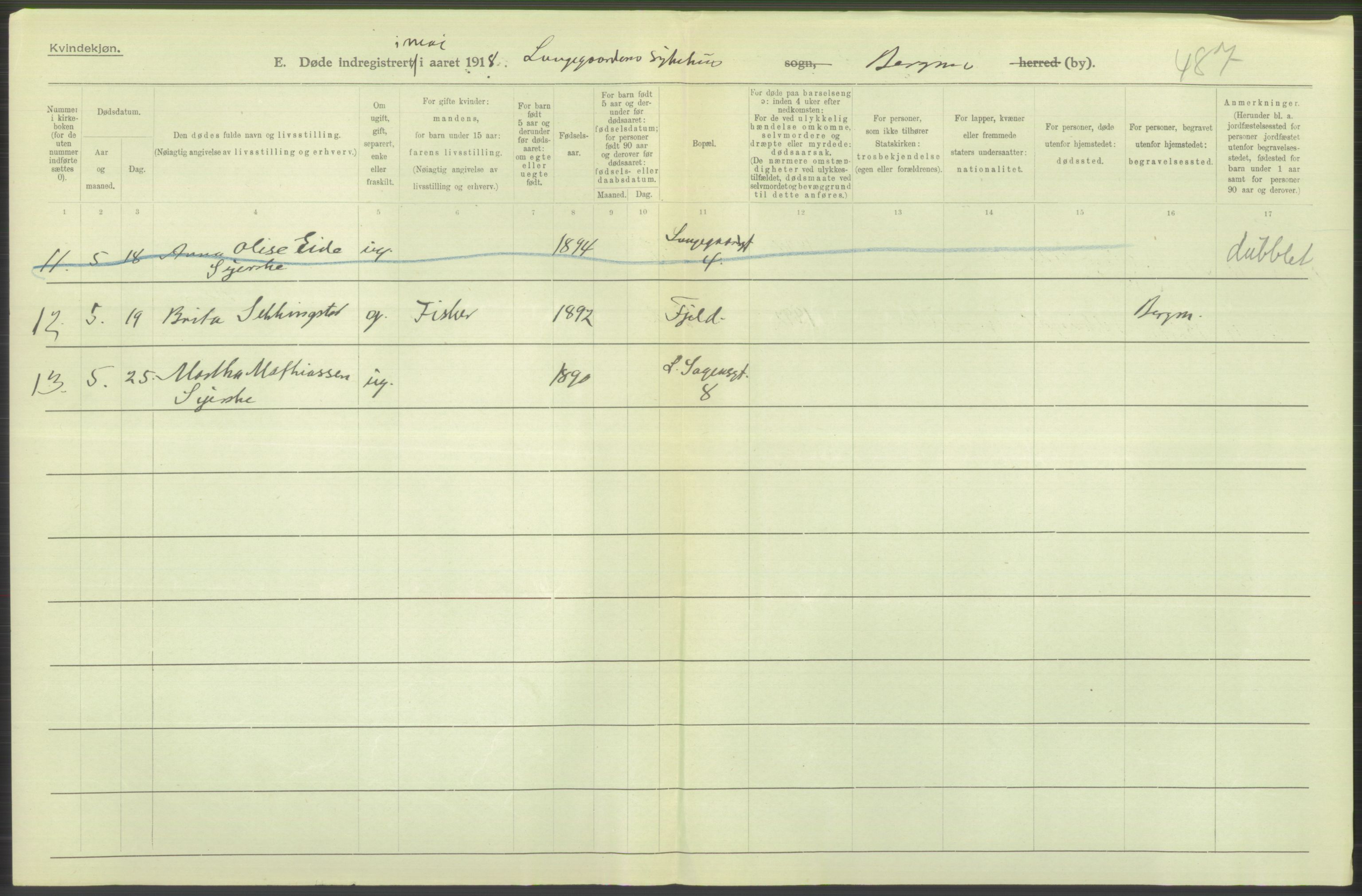 Statistisk sentralbyrå, Sosiodemografiske emner, Befolkning, AV/RA-S-2228/D/Df/Dfb/Dfbh/L0039: Bergen: Døde., 1918, p. 410