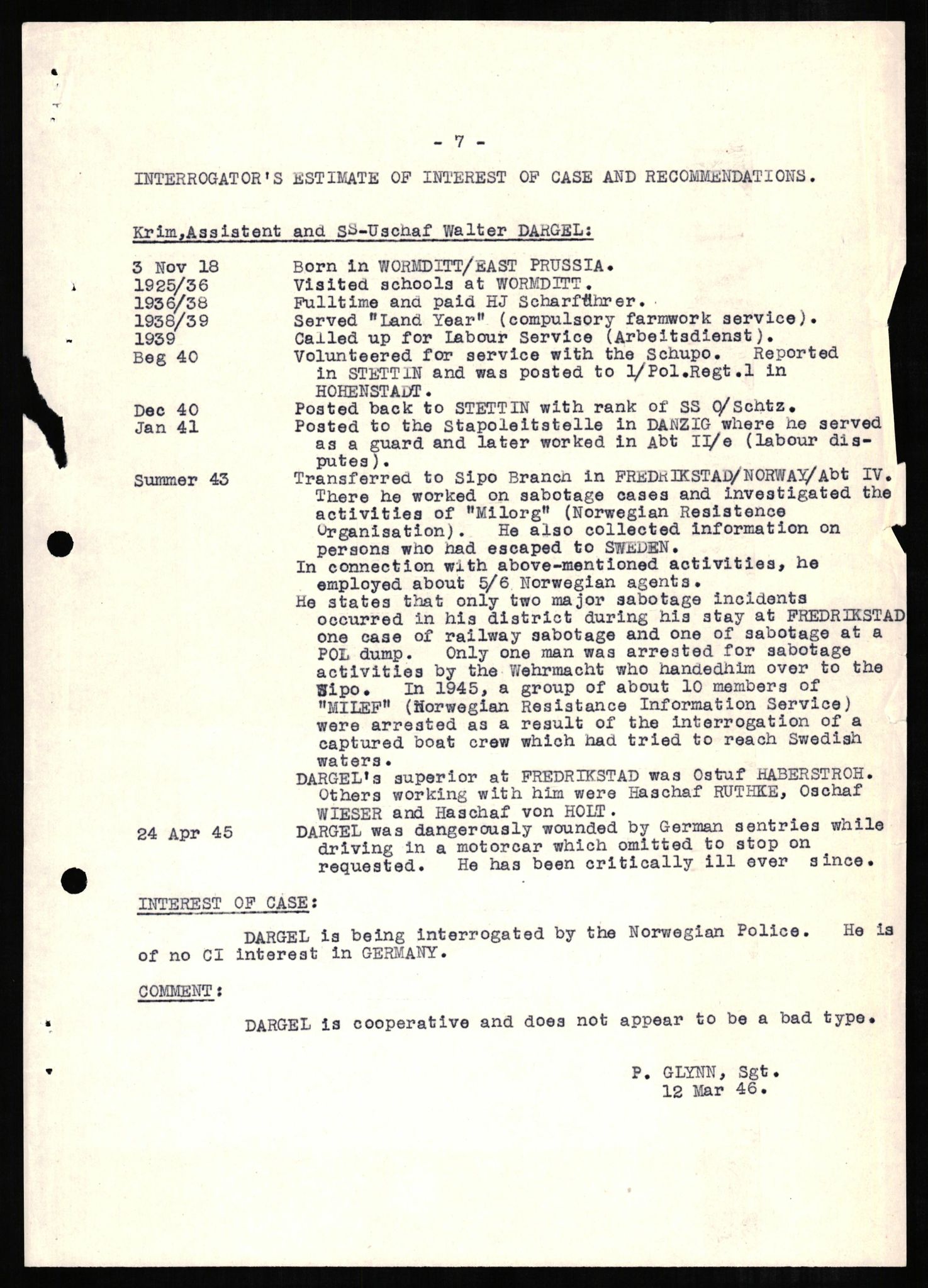 Forsvaret, Forsvarets overkommando II, RA/RAFA-3915/D/Db/L0005: CI Questionaires. Tyske okkupasjonsstyrker i Norge. Tyskere., 1945-1946, p. 352