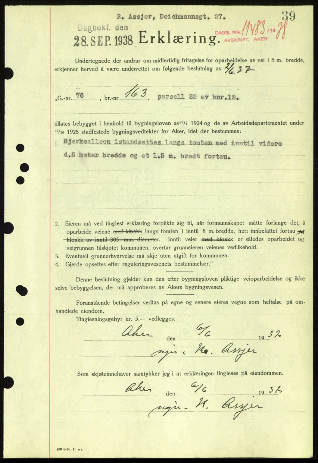 Aker herredsskriveri, SAO/A-10896/G/Gb/Gba/Gbab/L0025: Mortgage book no. A154-155, 1938-1938, Diary no: : 11483/1938
