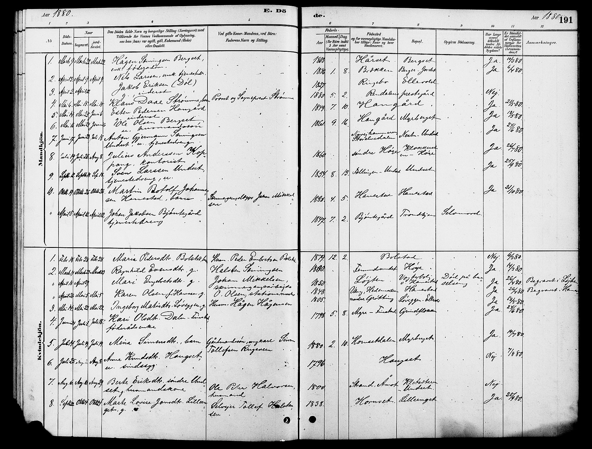 Rendalen prestekontor, AV/SAH-PREST-054/H/Ha/Hab/L0003: Parish register (copy) no. 3, 1879-1904, p. 191