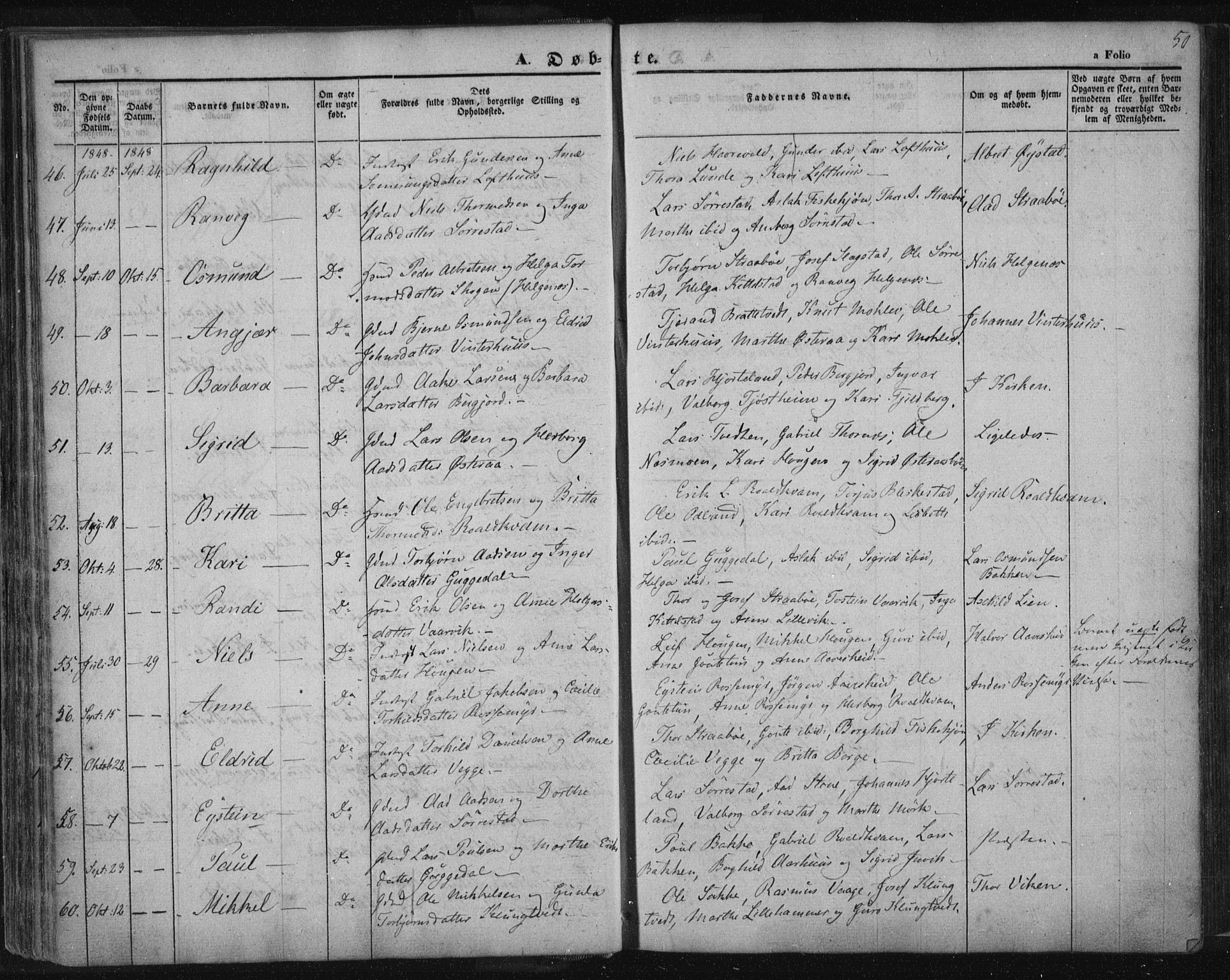 Suldal sokneprestkontor, SAST/A-101845/01/IV/L0008: Parish register (official) no. A 8, 1836-1853, p. 50