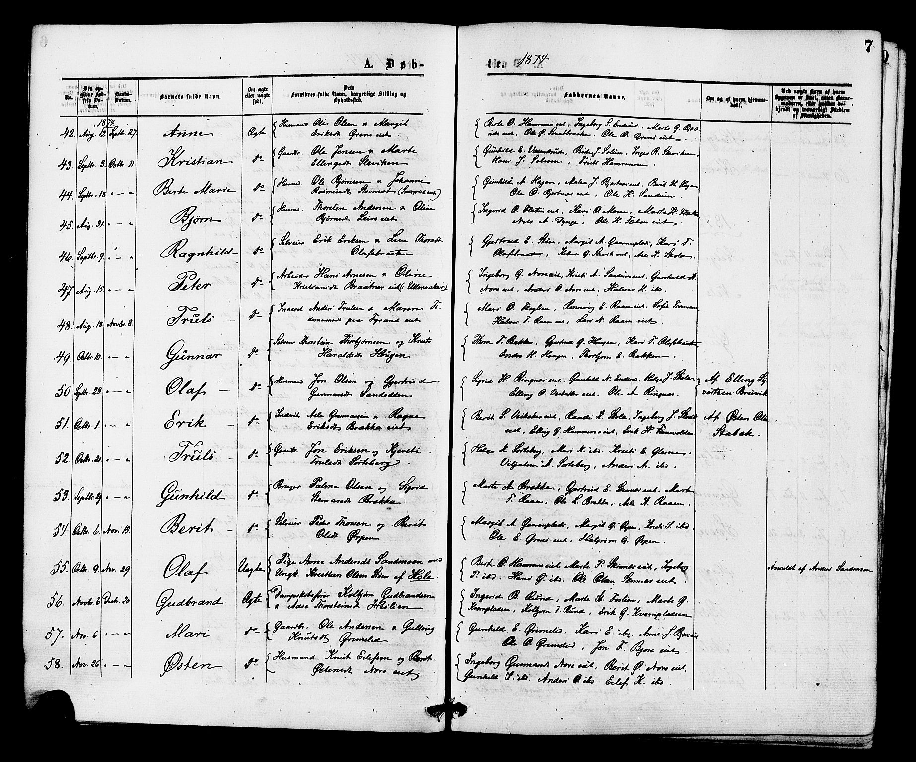 Krødsherad kirkebøker, AV/SAKO-A-19/F/Fa/L0004: Parish register (official) no. 4, 1873-1878, p. 7