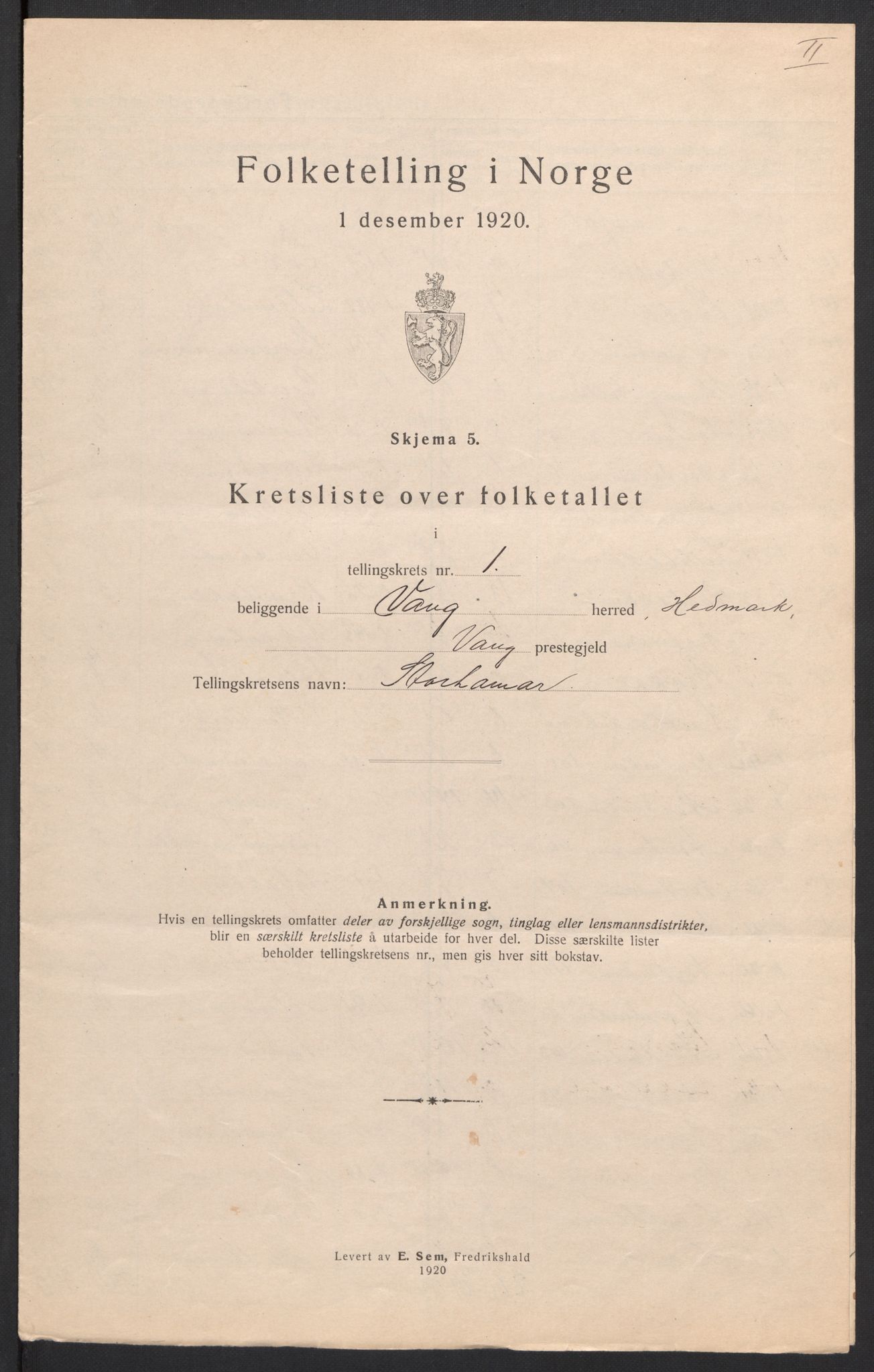 SAH, 1920 census for Vang (Hedmark), 1920, p. 9