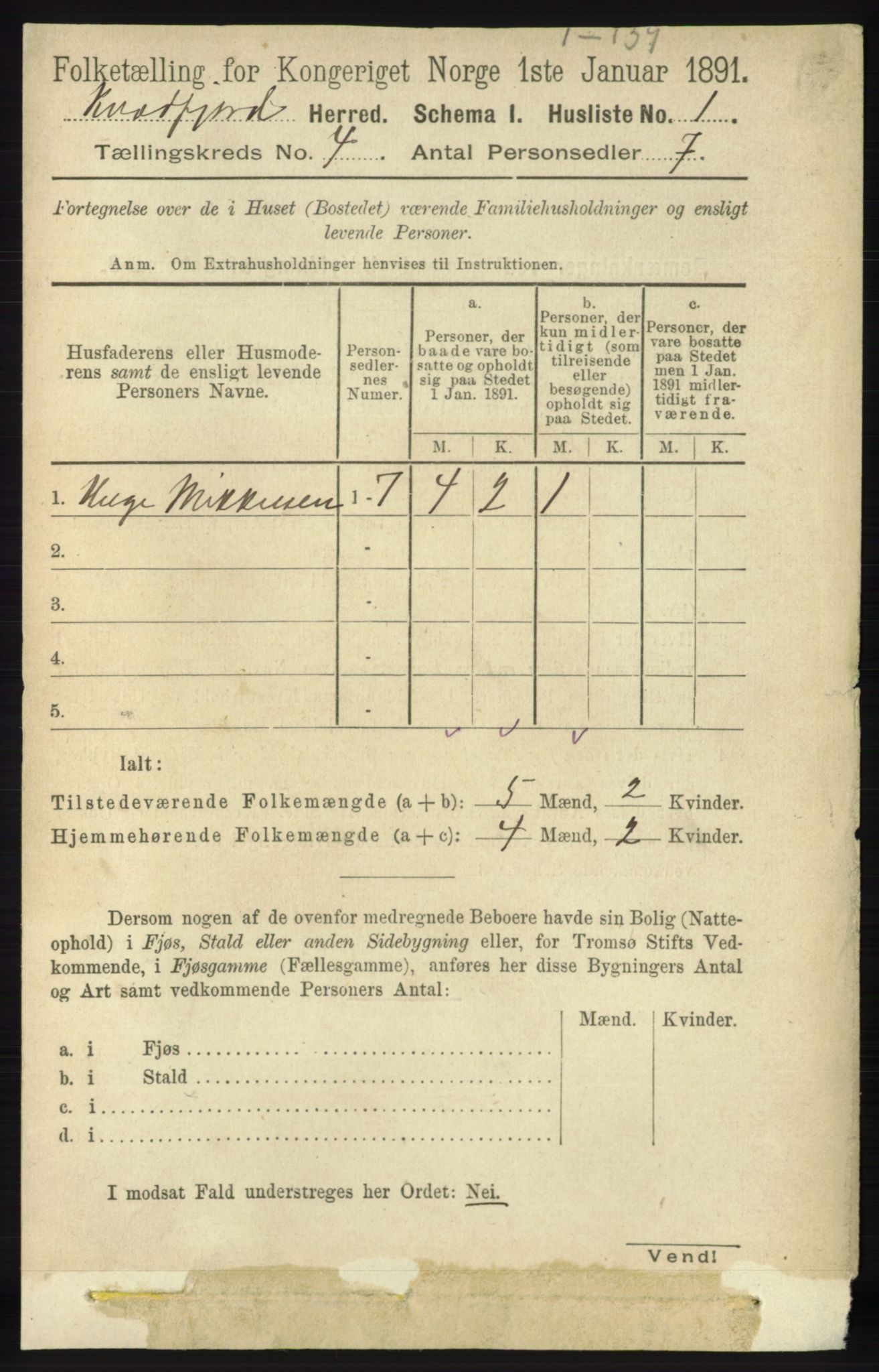 RA, 1891 census for 1911 Kvæfjord, 1891, p. 1750