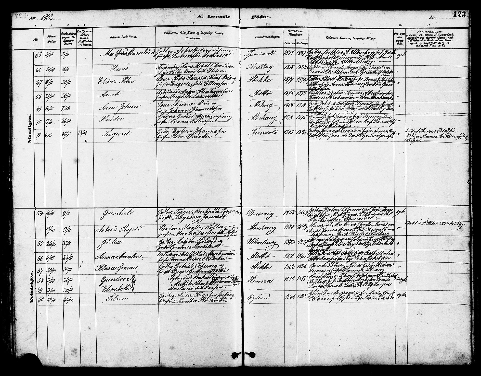 Hetland sokneprestkontor, AV/SAST-A-101826/30/30BB/L0005: Parish register (copy) no. B 5, 1878-1910, p. 123