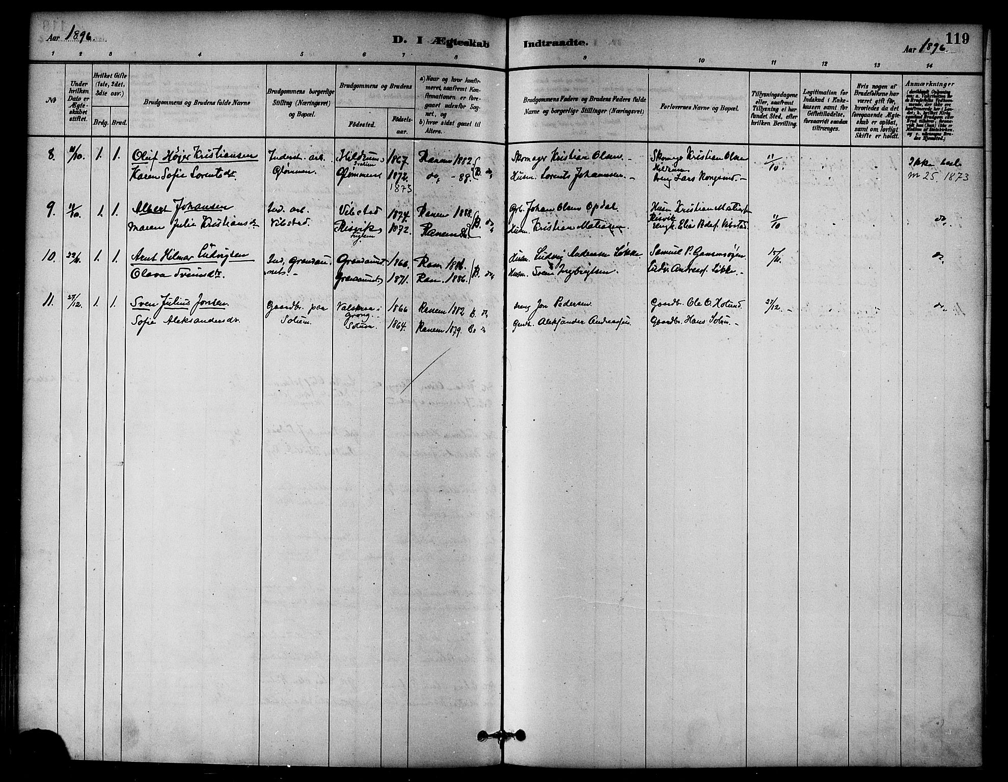 Ministerialprotokoller, klokkerbøker og fødselsregistre - Nord-Trøndelag, SAT/A-1458/764/L0555: Parish register (official) no. 764A10, 1881-1896, p. 119