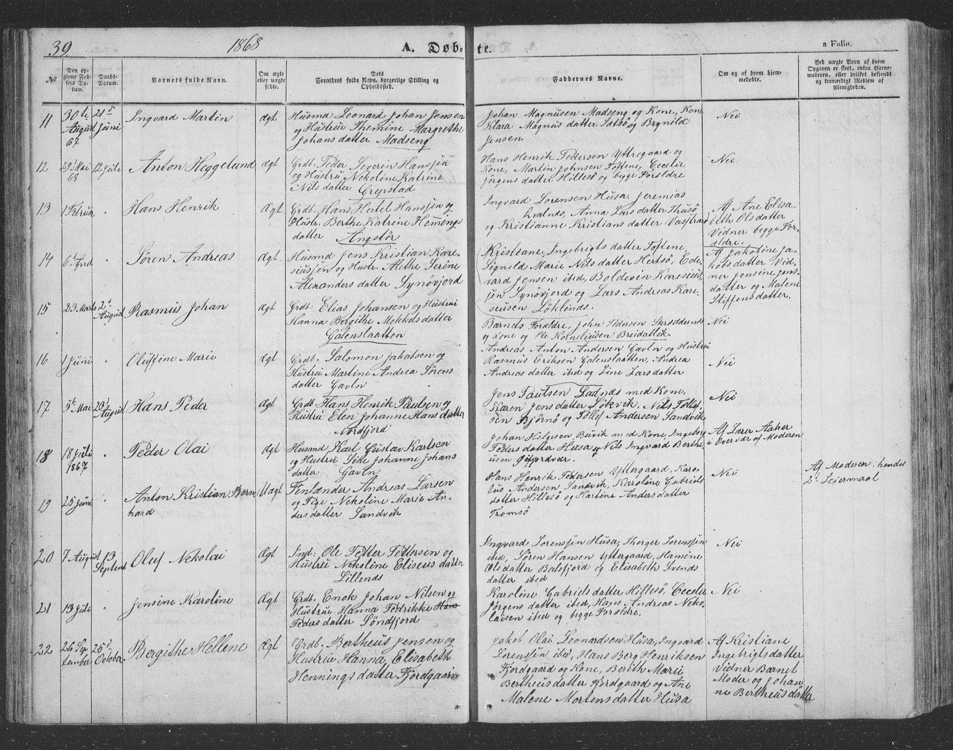 Lenvik sokneprestembete, SATØ/S-1310/H/Ha/Hab/L0020klokker: Parish register (copy) no. 20, 1855-1883, p. 39