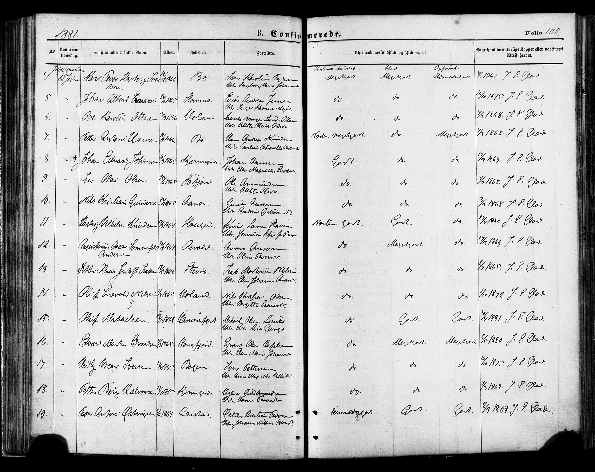 Ministerialprotokoller, klokkerbøker og fødselsregistre - Nordland, AV/SAT-A-1459/895/L1370: Parish register (official) no. 895A05, 1873-1884, p. 108