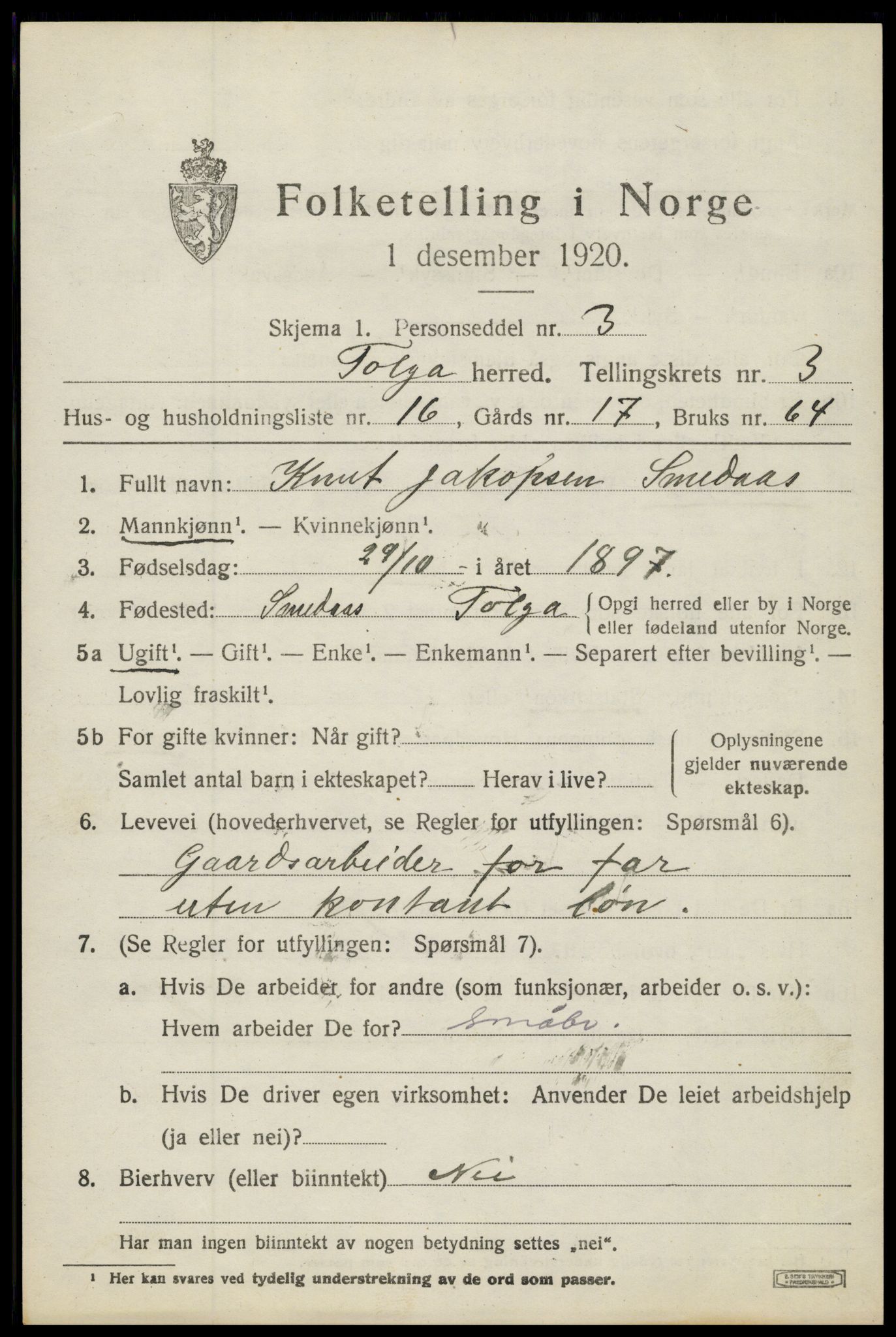 SAH, 1920 census for Tolga, 1920, p. 2379