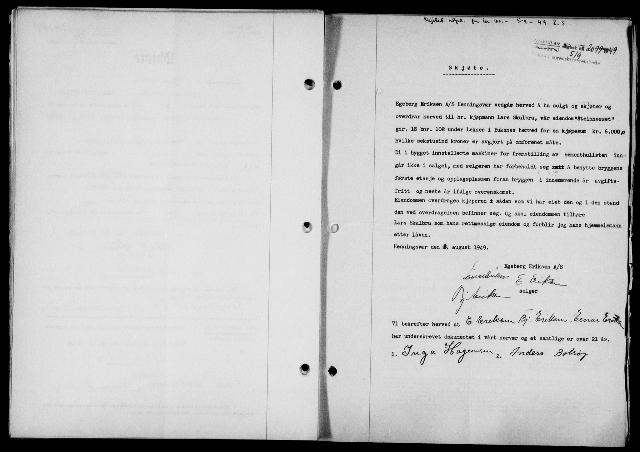 Lofoten sorenskriveri, SAT/A-0017/1/2/2C/L0021a: Mortgage book no. 21a, 1949-1949, Diary no: : 2099/1949