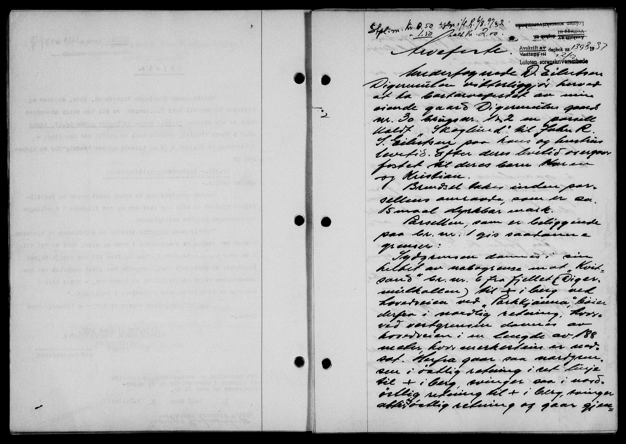 Lofoten sorenskriveri, SAT/A-0017/1/2/2C/L0002a: Mortgage book no. 2a, 1937-1937, Diary no: : 1393/1937