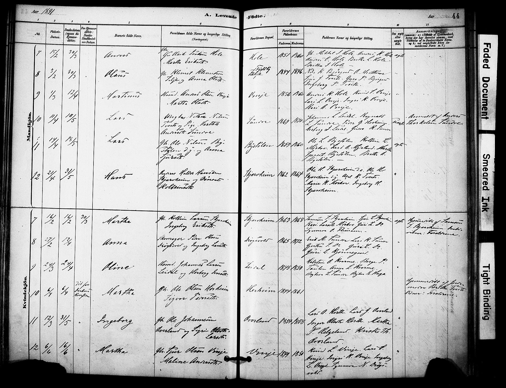 Vossestrand Sokneprestembete, AV/SAB-A-79101/H/Haa: Parish register (official) no. C 1, 1878-1903, p. 44