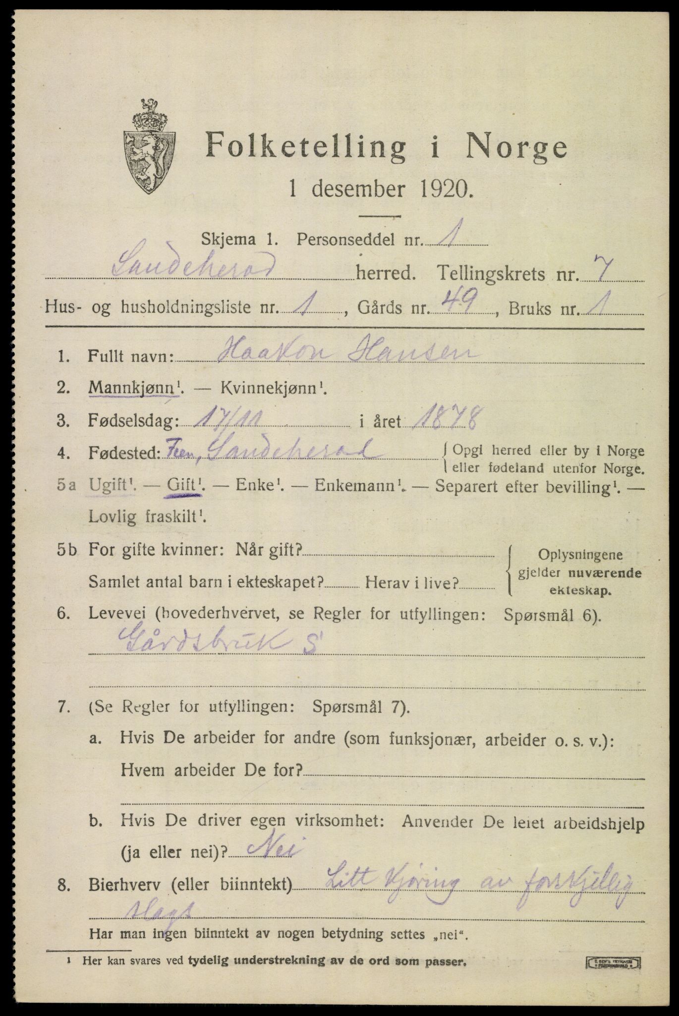 SAKO, 1920 census for Sandeherred, 1920, p. 11914