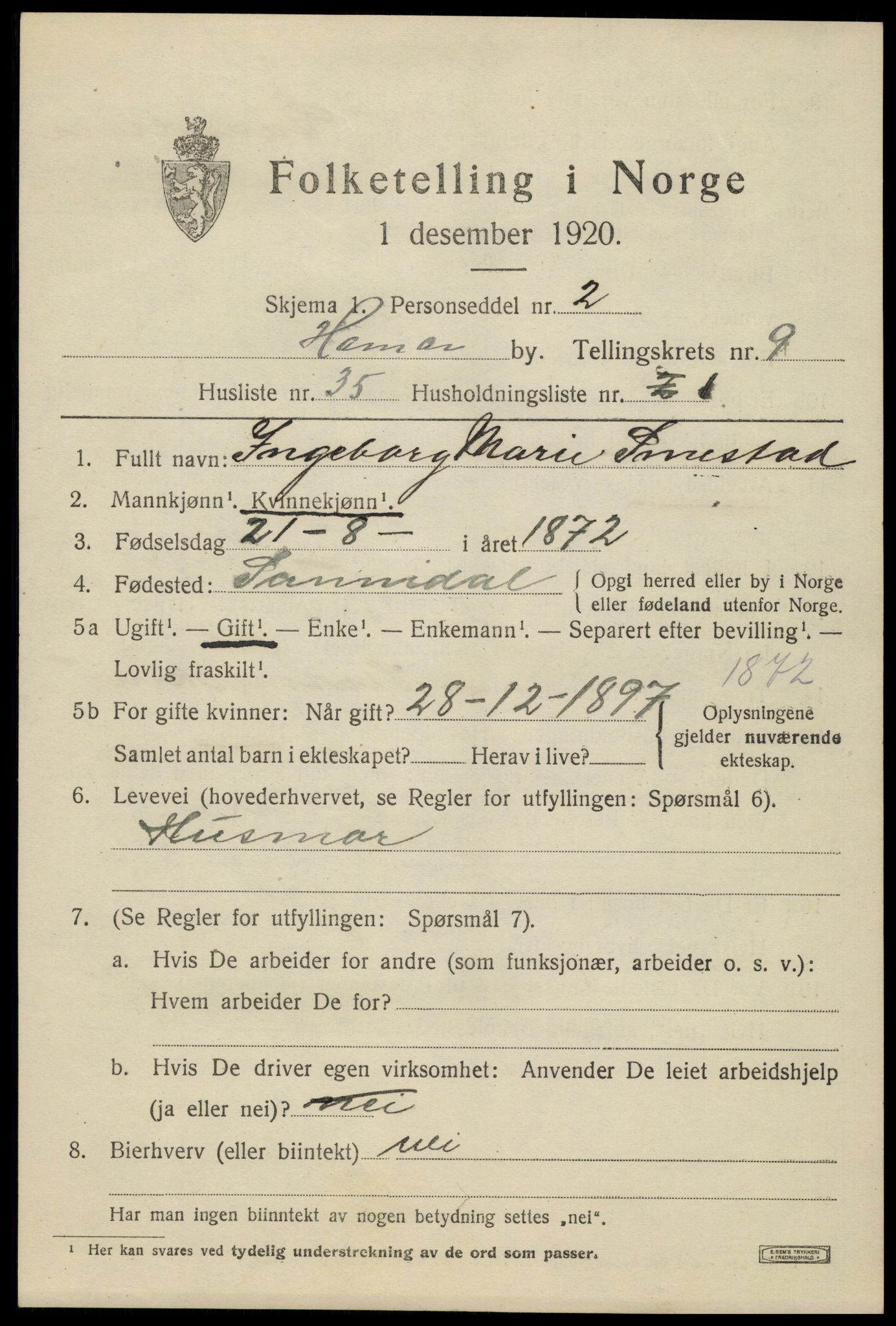 SAH, 1920 census for Hamar, 1920, p. 16823