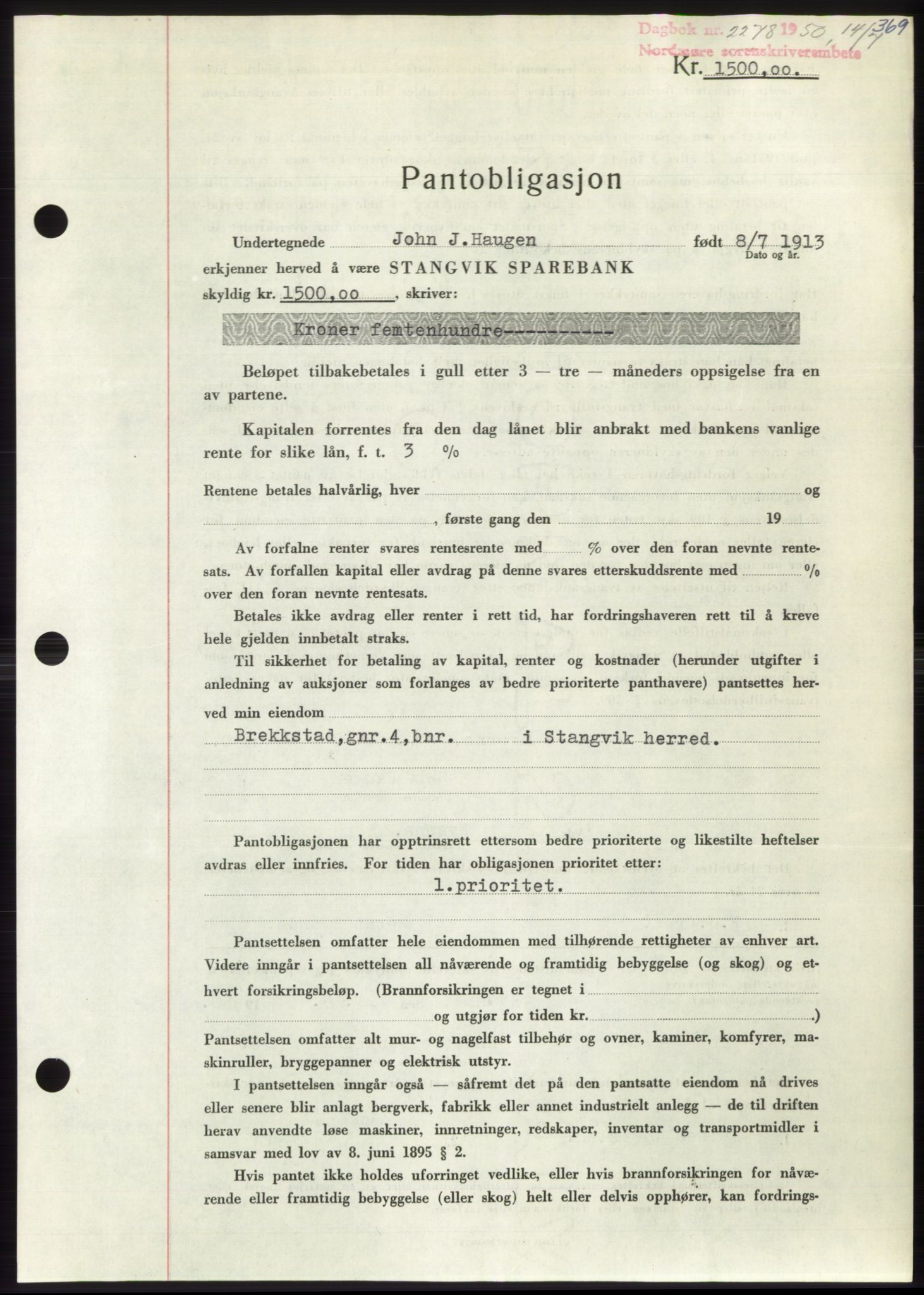 Nordmøre sorenskriveri, AV/SAT-A-4132/1/2/2Ca: Mortgage book no. B105, 1950-1950, Diary no: : 2278/1950