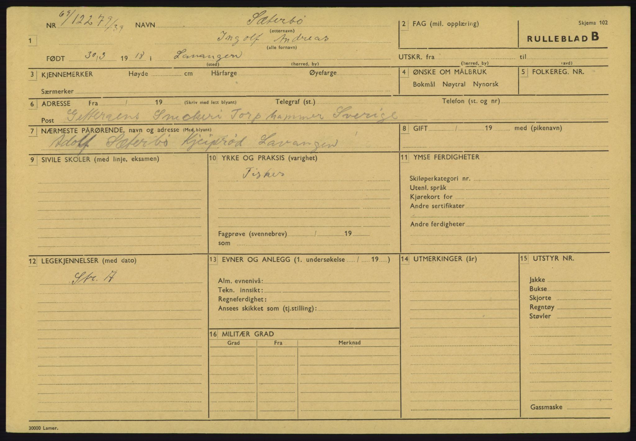 Forsvaret, Troms infanteriregiment nr. 16, AV/RA-RAFA-3146/P/Pa/L0023: Rulleblad for regimentets menige mannskaper, årsklasse 1939, 1939, p. 1281