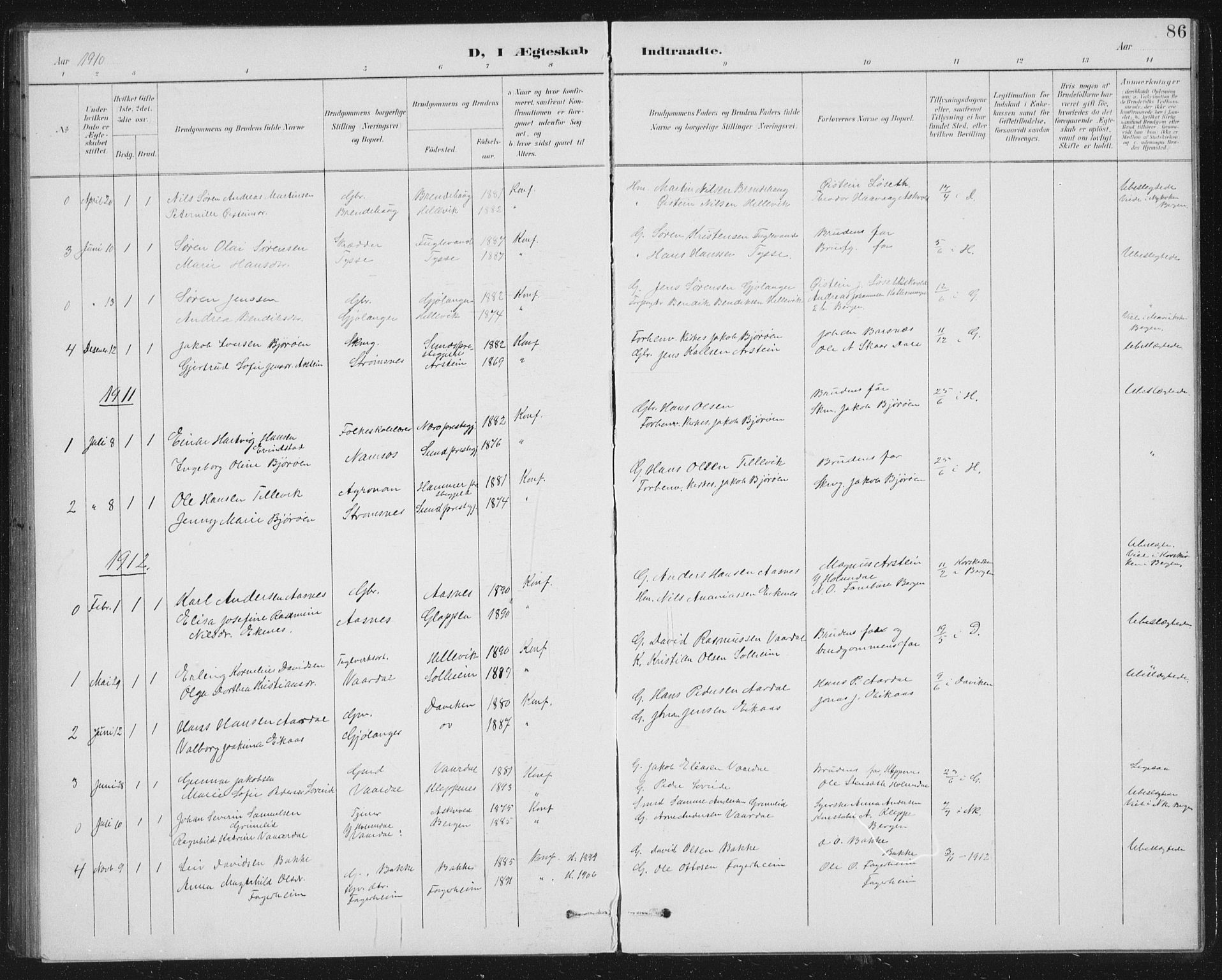 Fjaler sokneprestembete, AV/SAB-A-79801/H/Hab/Habb/L0002: Parish register (copy) no. B 2, 1895-1915, p. 86