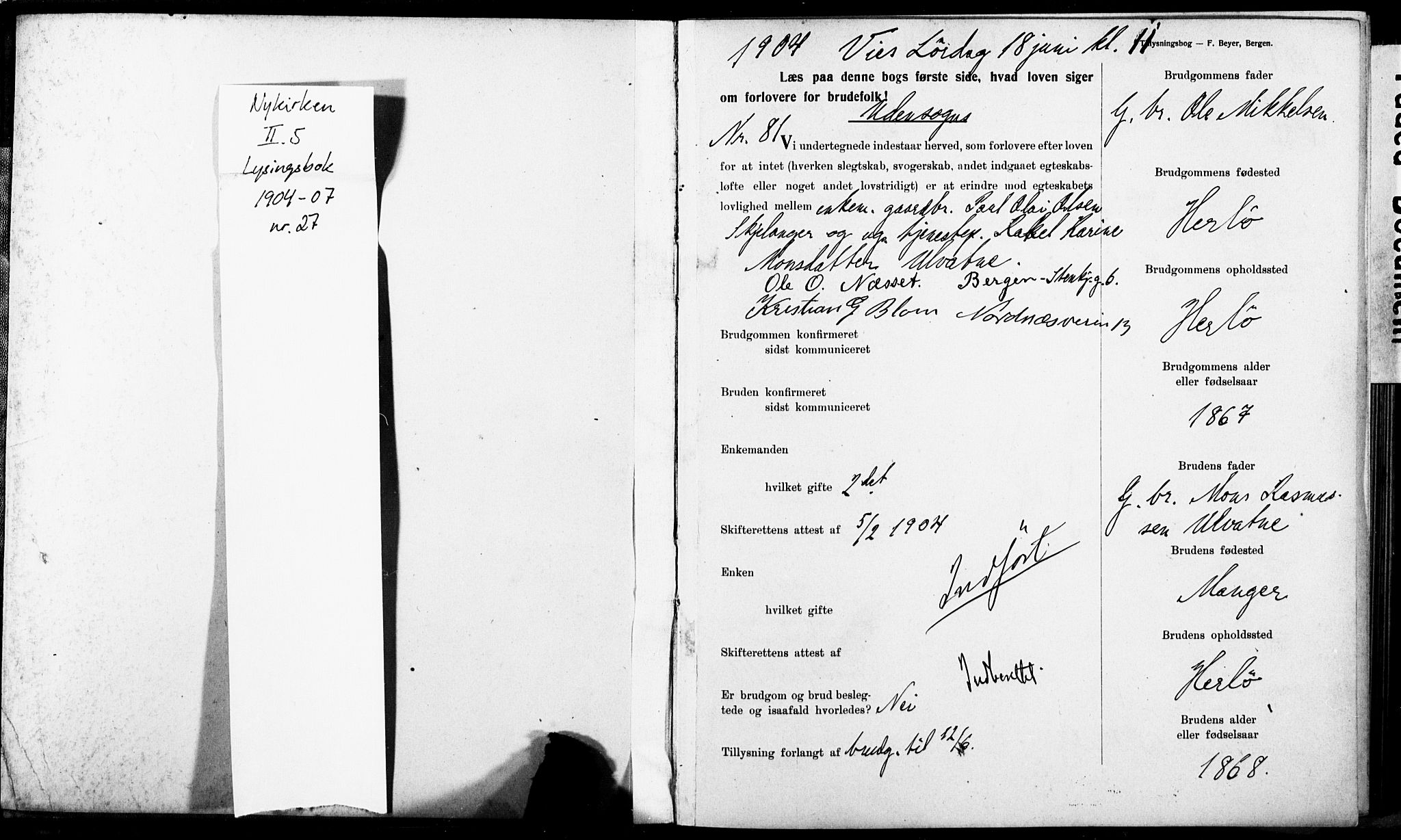 Nykirken Sokneprestembete, AV/SAB-A-77101: Best man's statements no. II.5.4, 1904-1907, p. 1