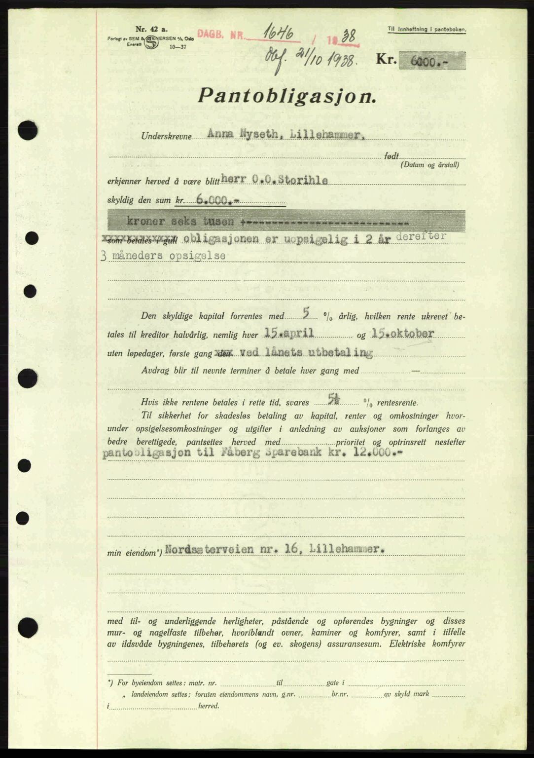 Sør-Gudbrandsdal tingrett, SAH/TING-004/H/Hb/Hbe/L0001: Mortgage book no. B1, 1936-1939, Diary no: : 1646/1938