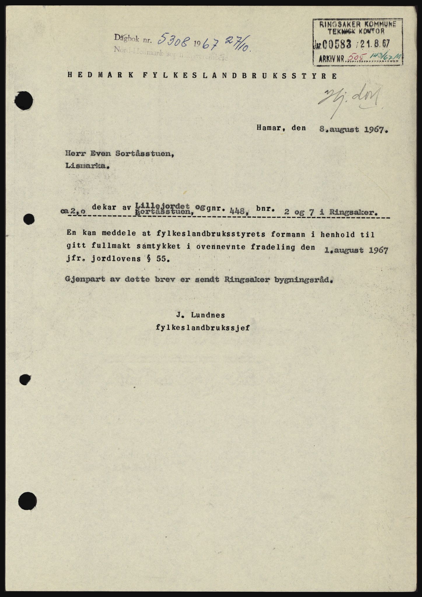 Nord-Hedmark sorenskriveri, SAH/TING-012/H/Hc/L0026: Mortgage book no. 26, 1967-1967, Diary no: : 5308/1967