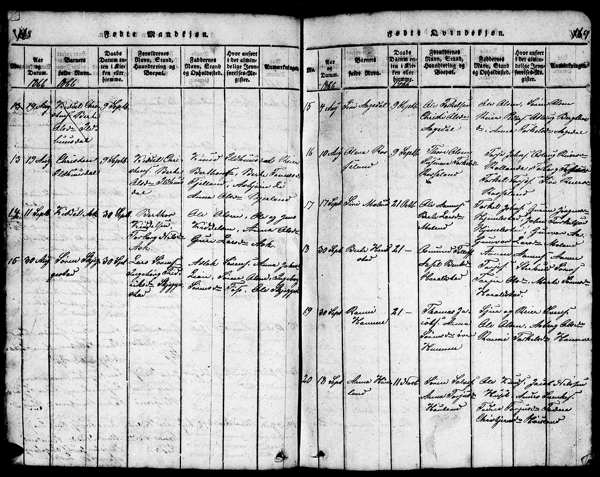 Bjelland sokneprestkontor, SAK/1111-0005/F/Fb/Fba/L0003: Parish register (copy) no. B 3, 1816-1870, p. 168-169