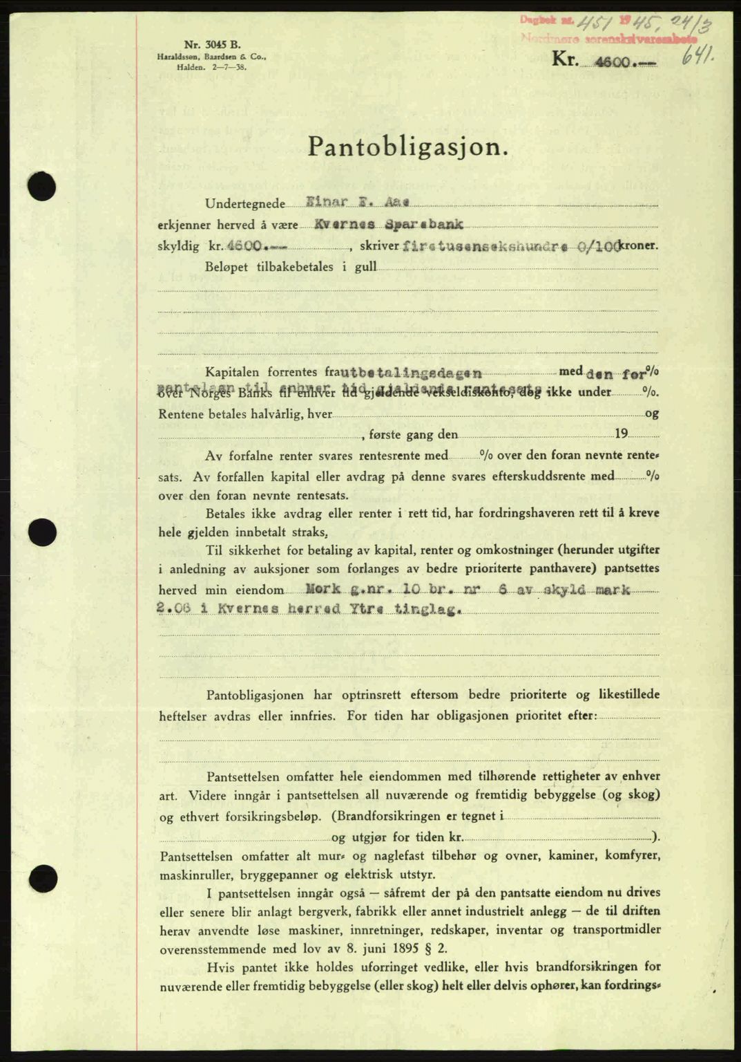 Nordmøre sorenskriveri, AV/SAT-A-4132/1/2/2Ca: Mortgage book no. B92, 1944-1945, Diary no: : 451/1945