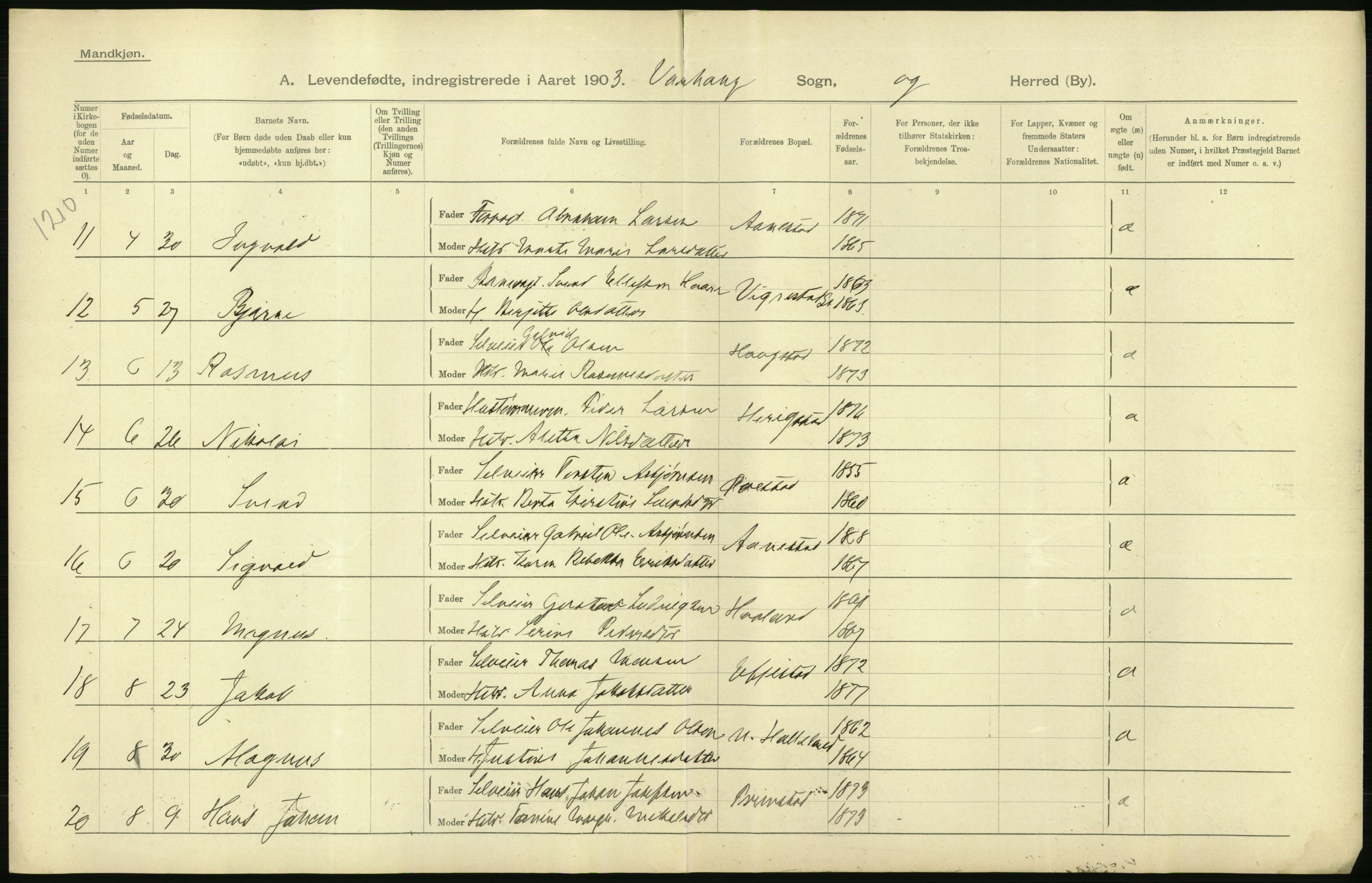 Statistisk sentralbyrå, Sosiodemografiske emner, Befolkning, AV/RA-S-2228/D/Df/Dfa/Dfaa/L0012: Stavanger amt: Fødte, gifte, døde, 1903, p. 52