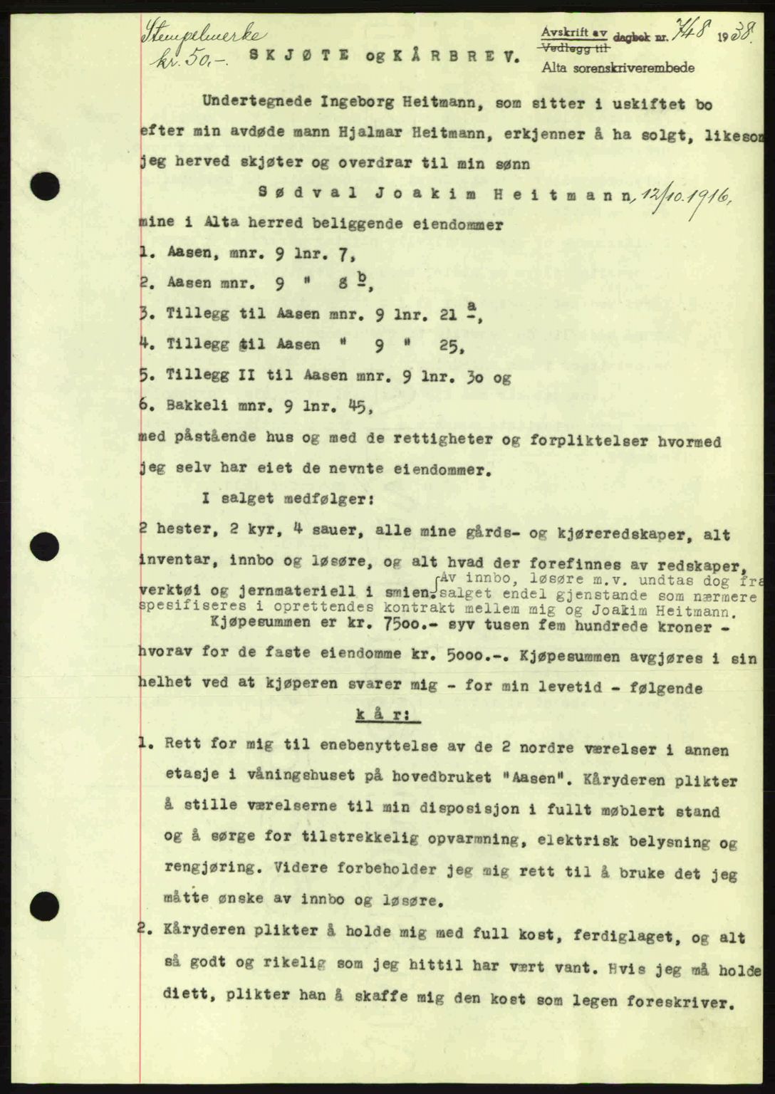 Alta fogderi/sorenskriveri, SATØ/SATØ-5/1/K/Kd/L0031pantebok: Mortgage book no. 31, 1938-1939, Diary no: : 748/1938
